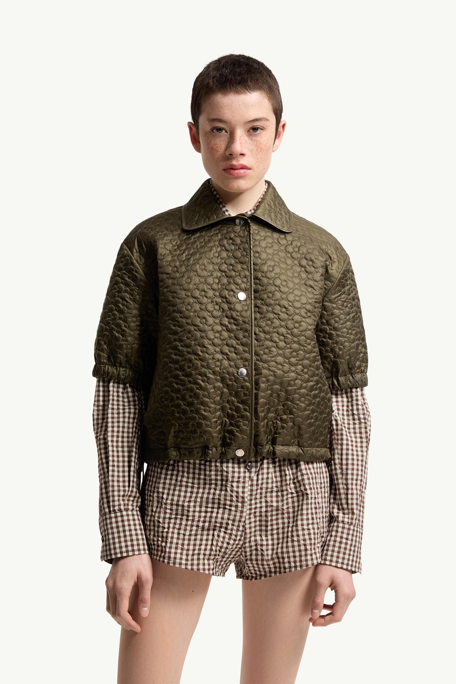 Olive Green Floral-Quilted Padded Short Sleeve Shirt - Tops & T