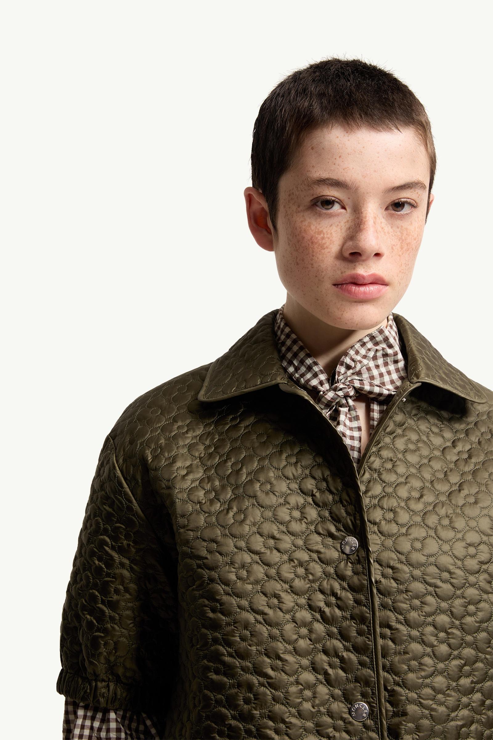 Olive Green Floral-Quilted Padded Short Sleeve Shirt - Tops & T