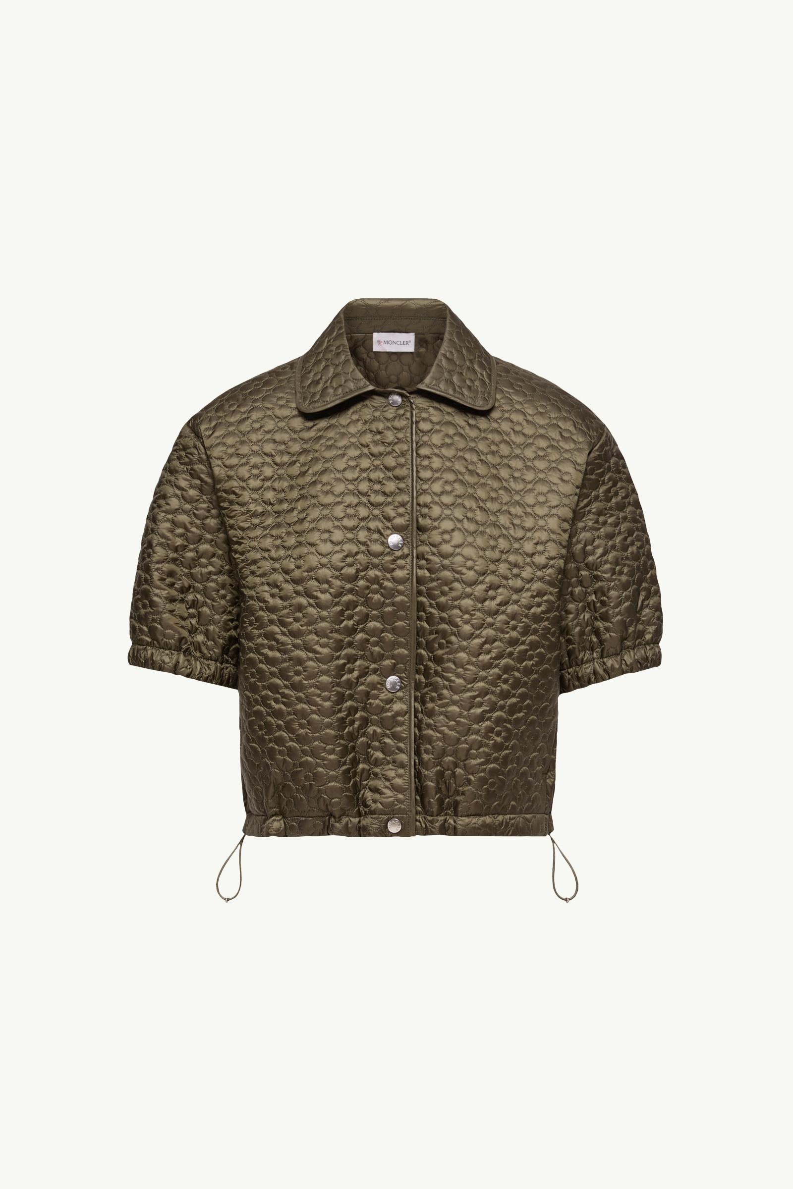 Olive Green Floral-Quilted Padded Short Sleeve Shirt - Tops & T