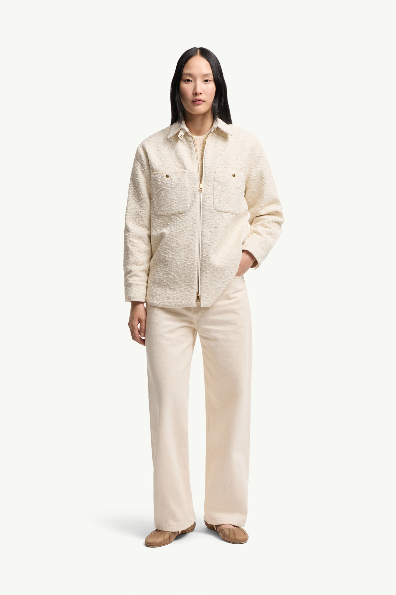 Cotton Blend Bouclé Down Shirt Jacket Women White Ivory Moncler 0