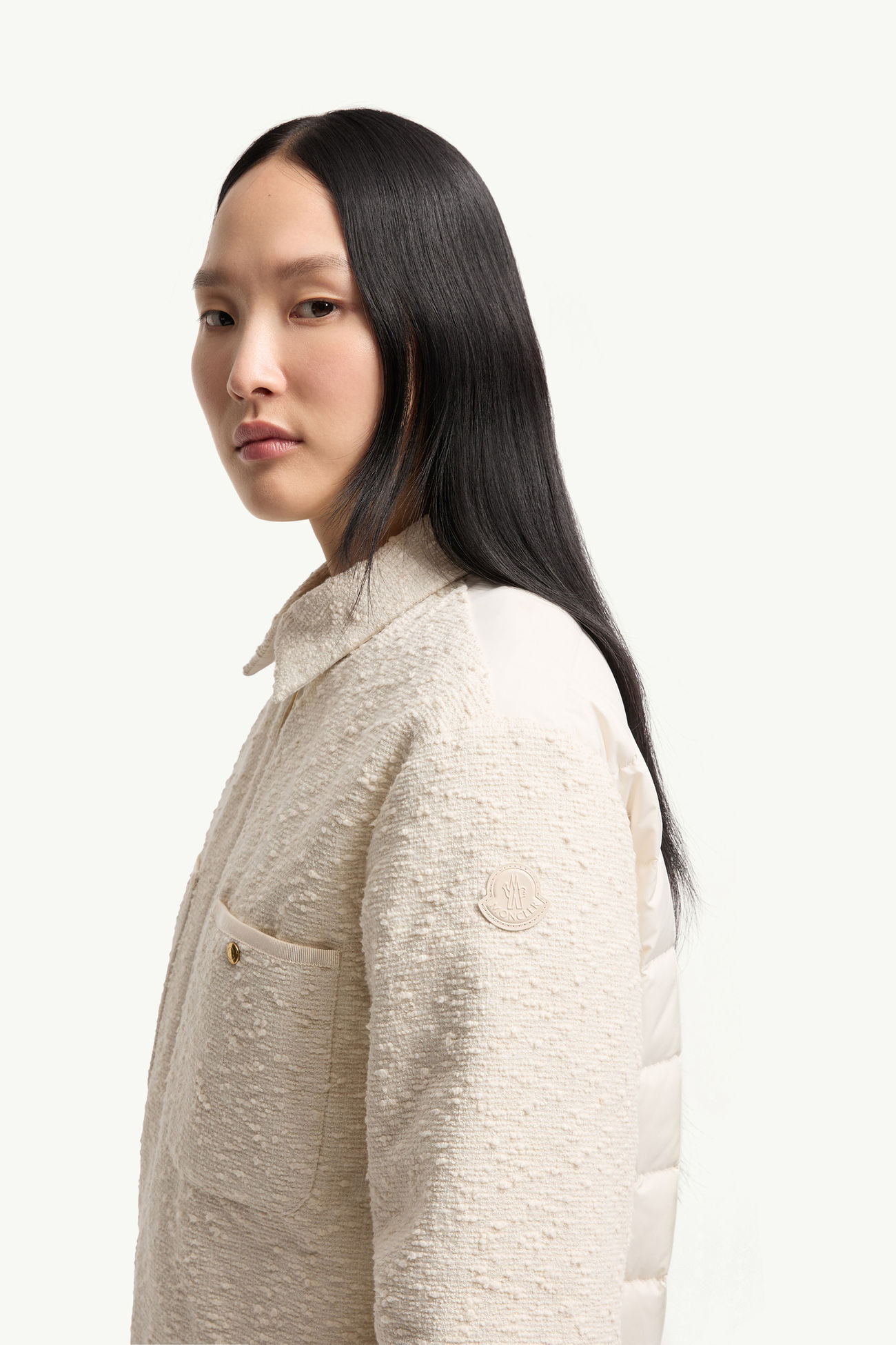 Cotton Blend Bouclé Down Shirt Jacket Women White Ivory Moncler 1