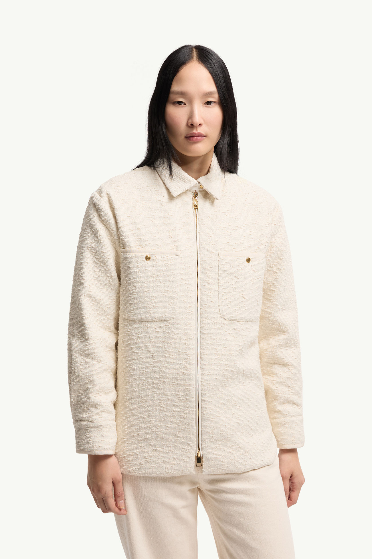 Cotton Blend Bouclé Down Shirt Jacket Women White Ivory Moncler 3