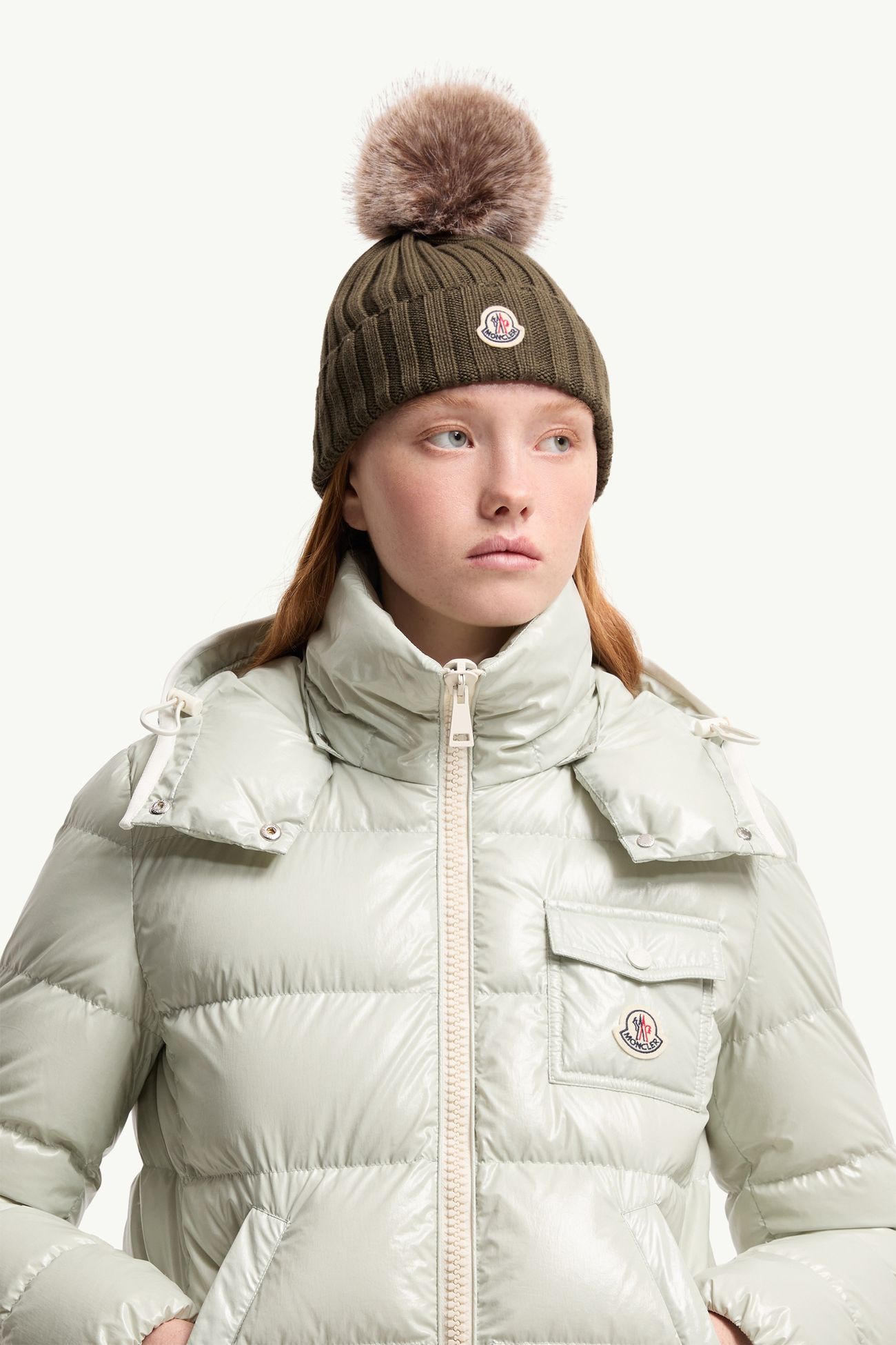 Wool Beanie with Pom Pom Women Olive Green Moncler 1