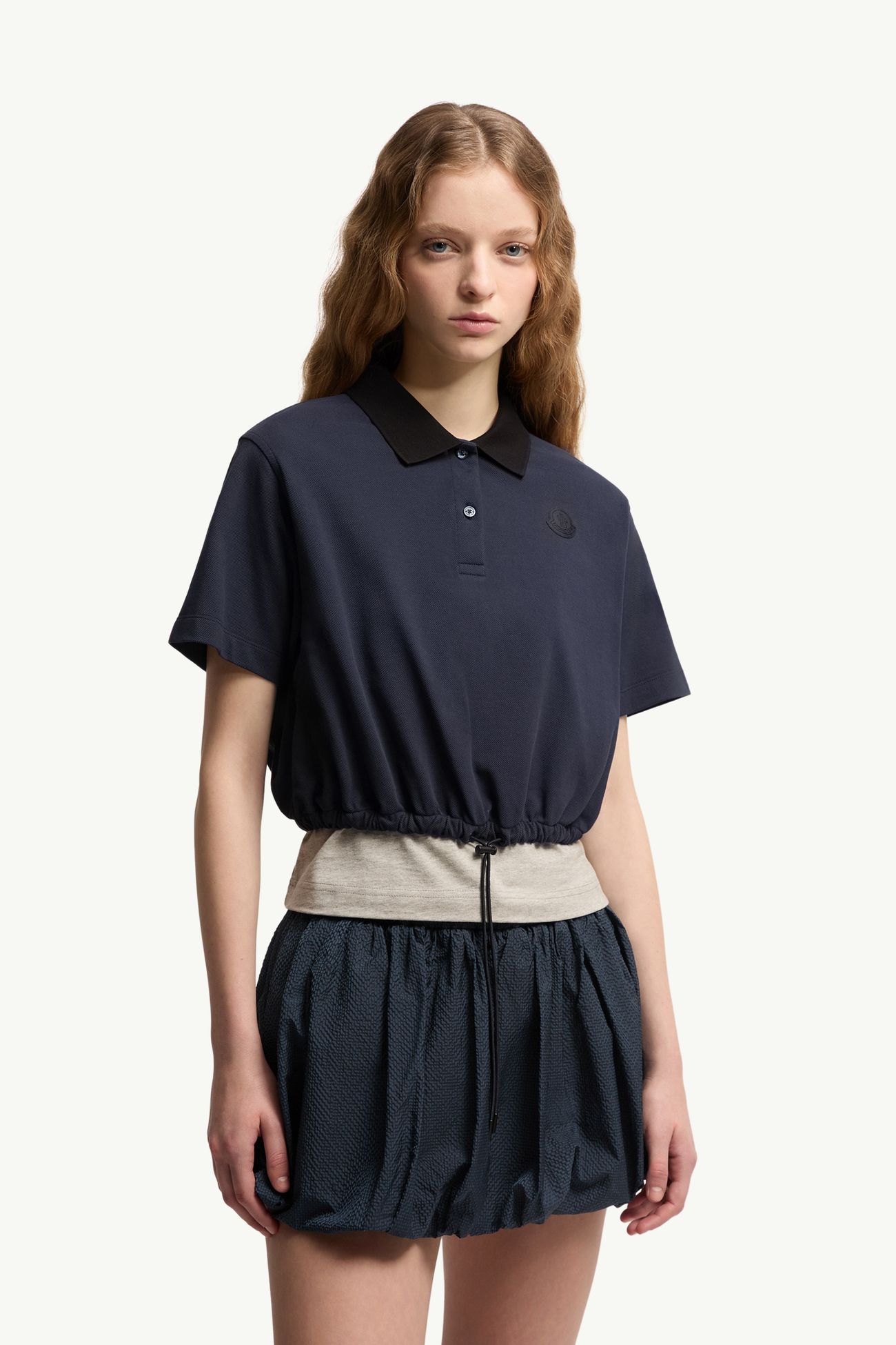 Cropped Cotton Piquet Polo Shirt Women Night Blue Moncler 3