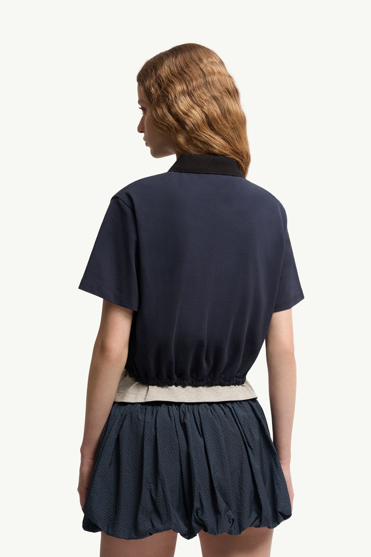 Cropped Cotton Piquet Polo Shirt Women Night Blue Moncler 4