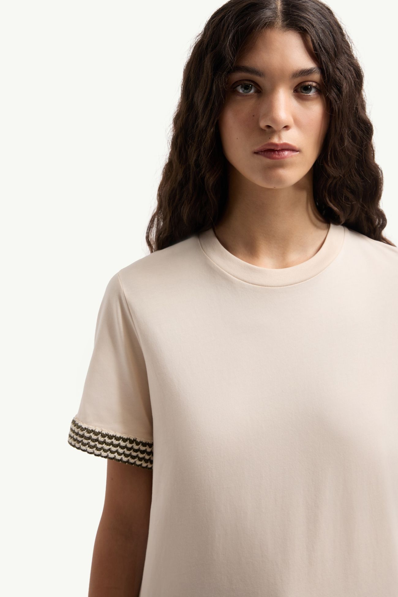 Baumwoll-T-Shirt mit Logo und Häkelbesatz Damen Weiß-Elfenbein Moncler 5