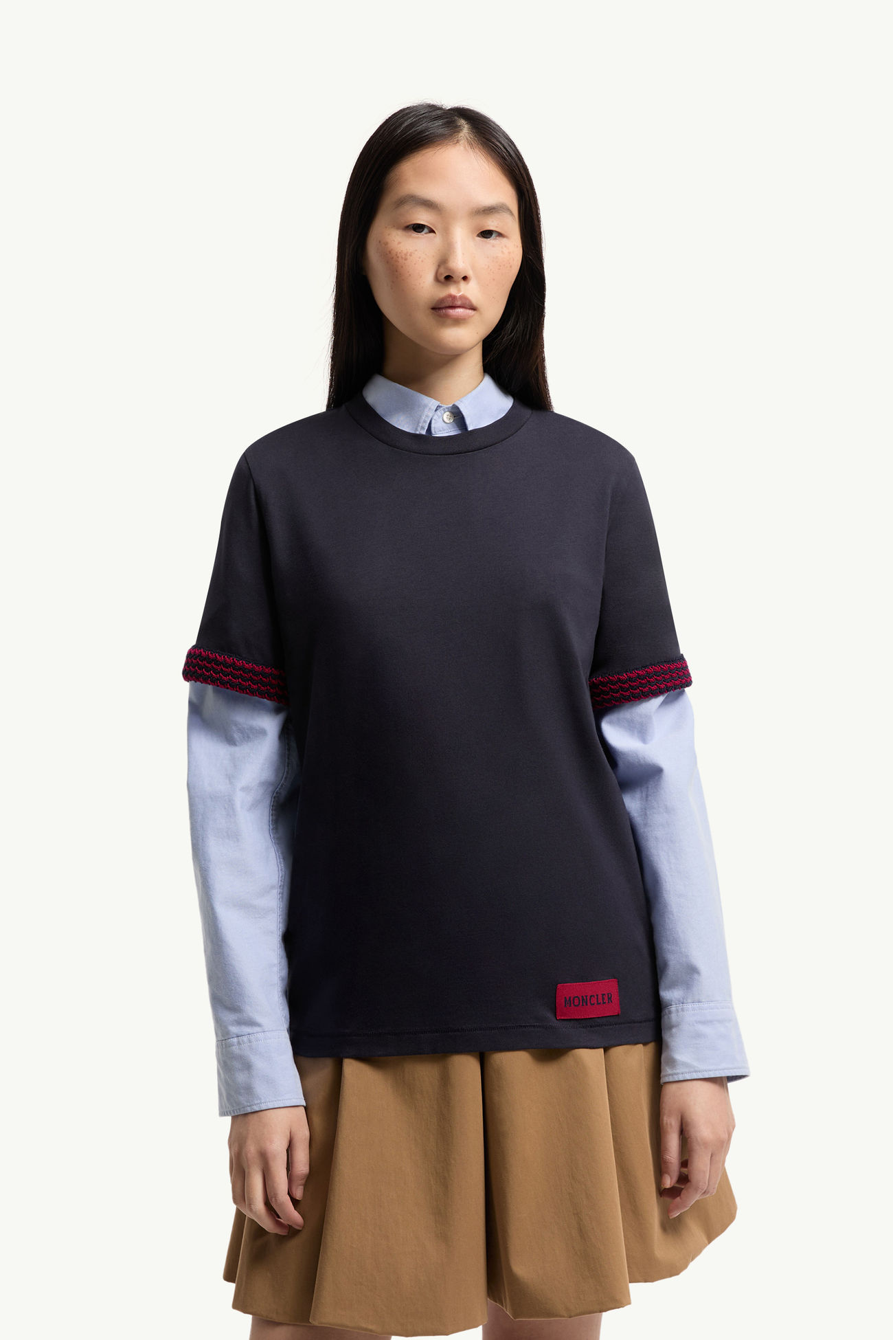Baumwoll-T-Shirt mit Logo und Häkelbesatz Damen Dunkelblau Moncler 3