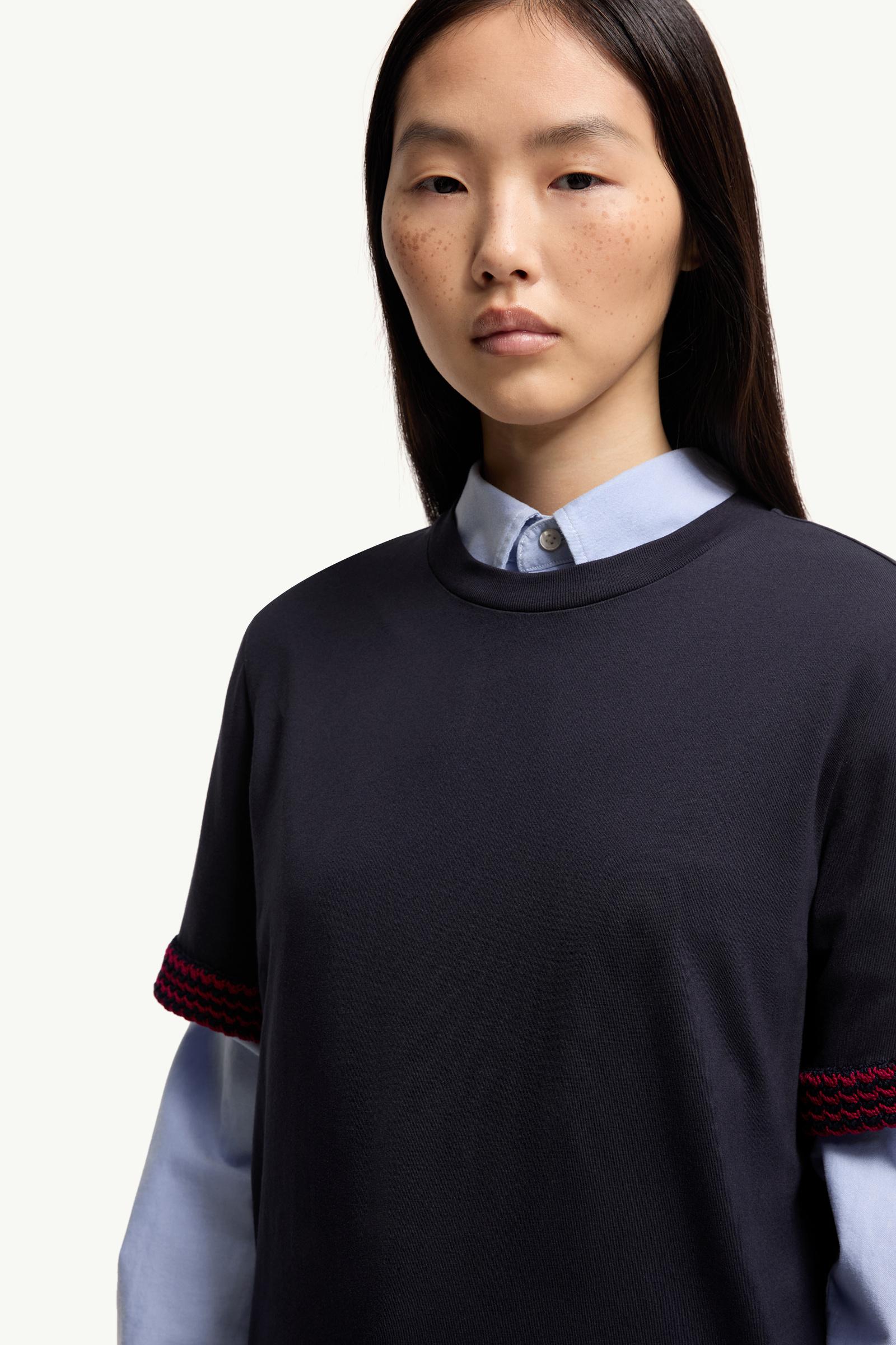 Dark Blue Crochet-Trimmed Cotton Logo T-Shirt - Tops & T-shirts