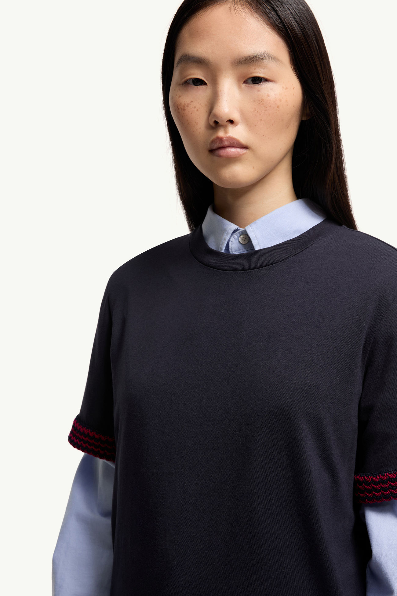 T-shirt en coton à logo et bordure en crochet Femmes Bleu foncé Moncler 5