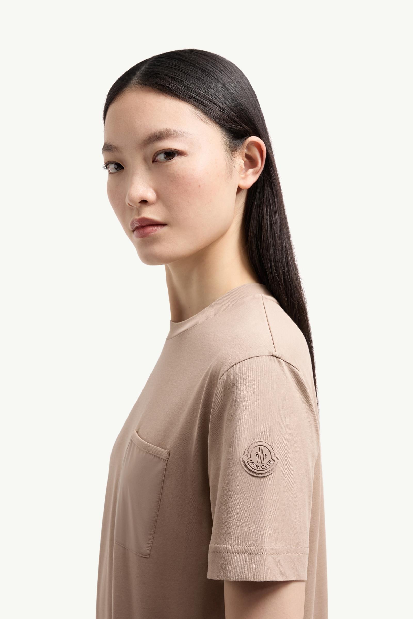 Beige Cotton Jersey T-Shirt with Pleated Pocket - Tops & T-shirts