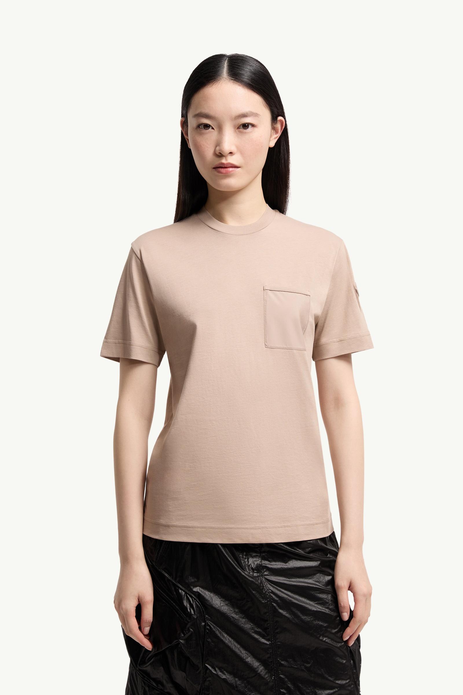Beige Cotton Jersey T-Shirt with Pleated Pocket - Tops & T-shirts
