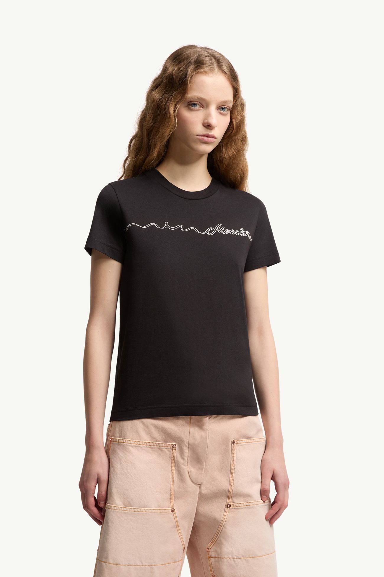 Camiseta de algodón con logotipo de cinta Mujer Negro Moncler 3