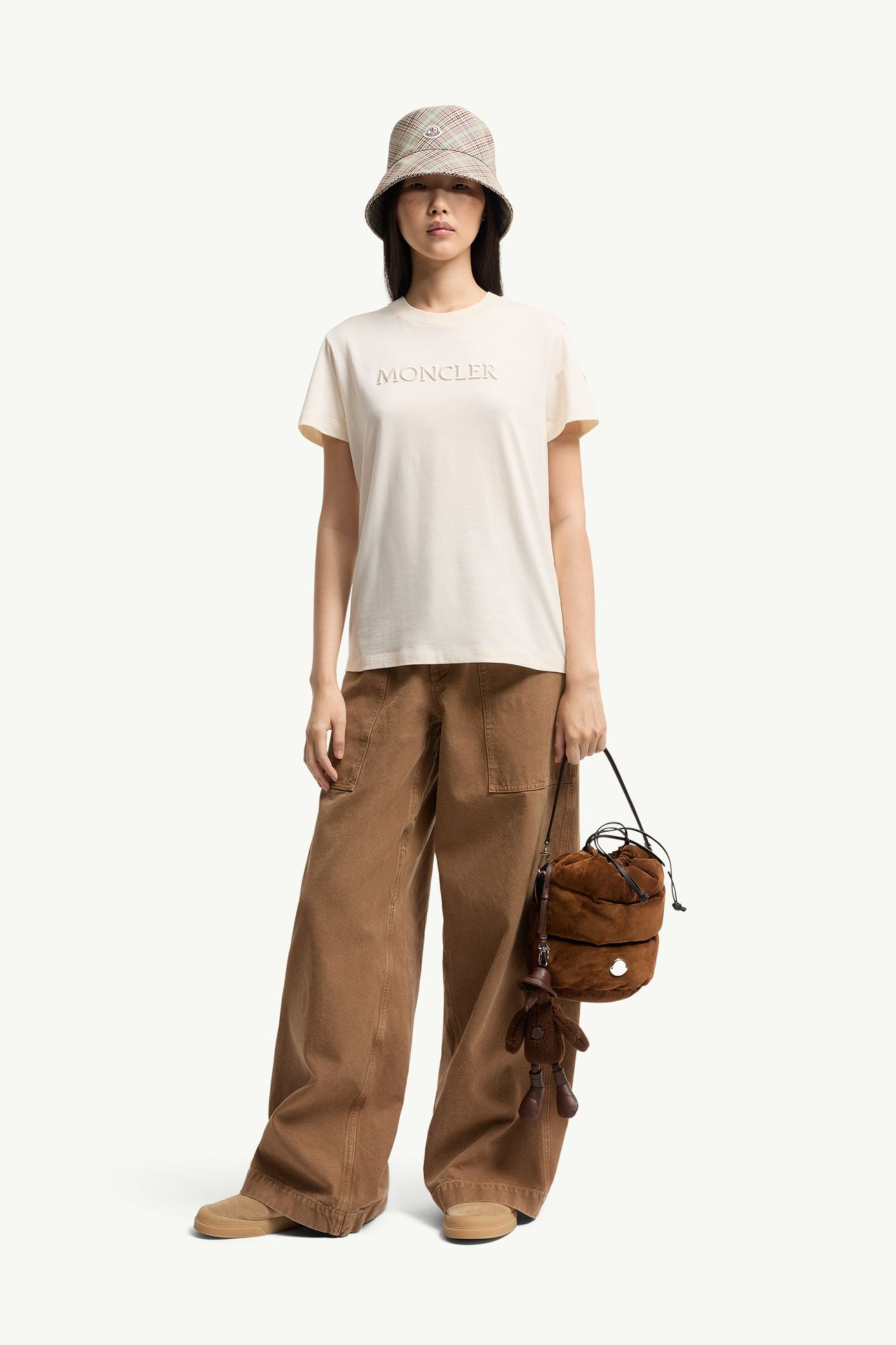 T-shirt en coton à logo brodé ton sur ton Femmes Blanc Ivoire Moncler 0