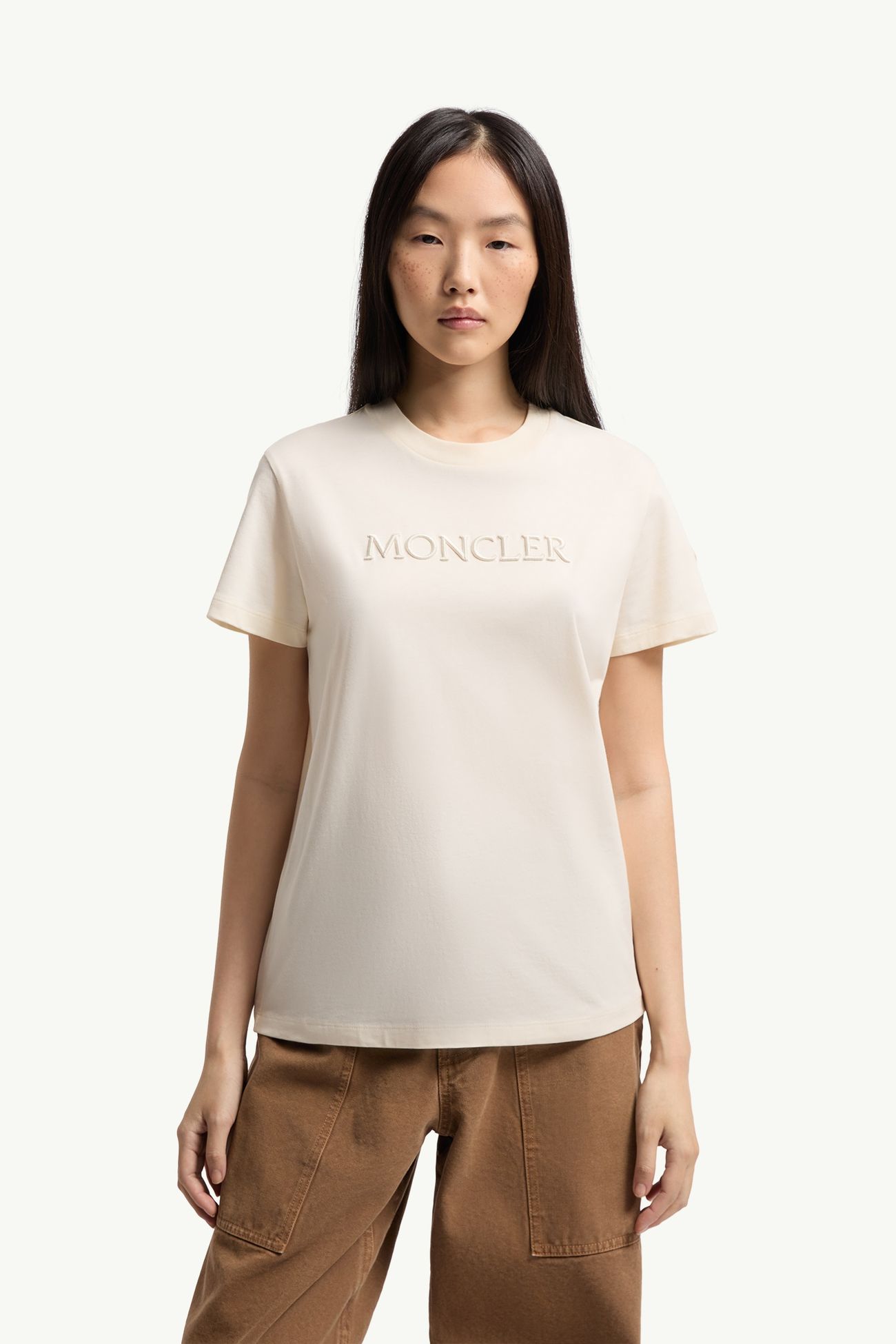 T-shirt in cotone con logo tono su tono ricamato Donna Bianco Avorio Moncler 3