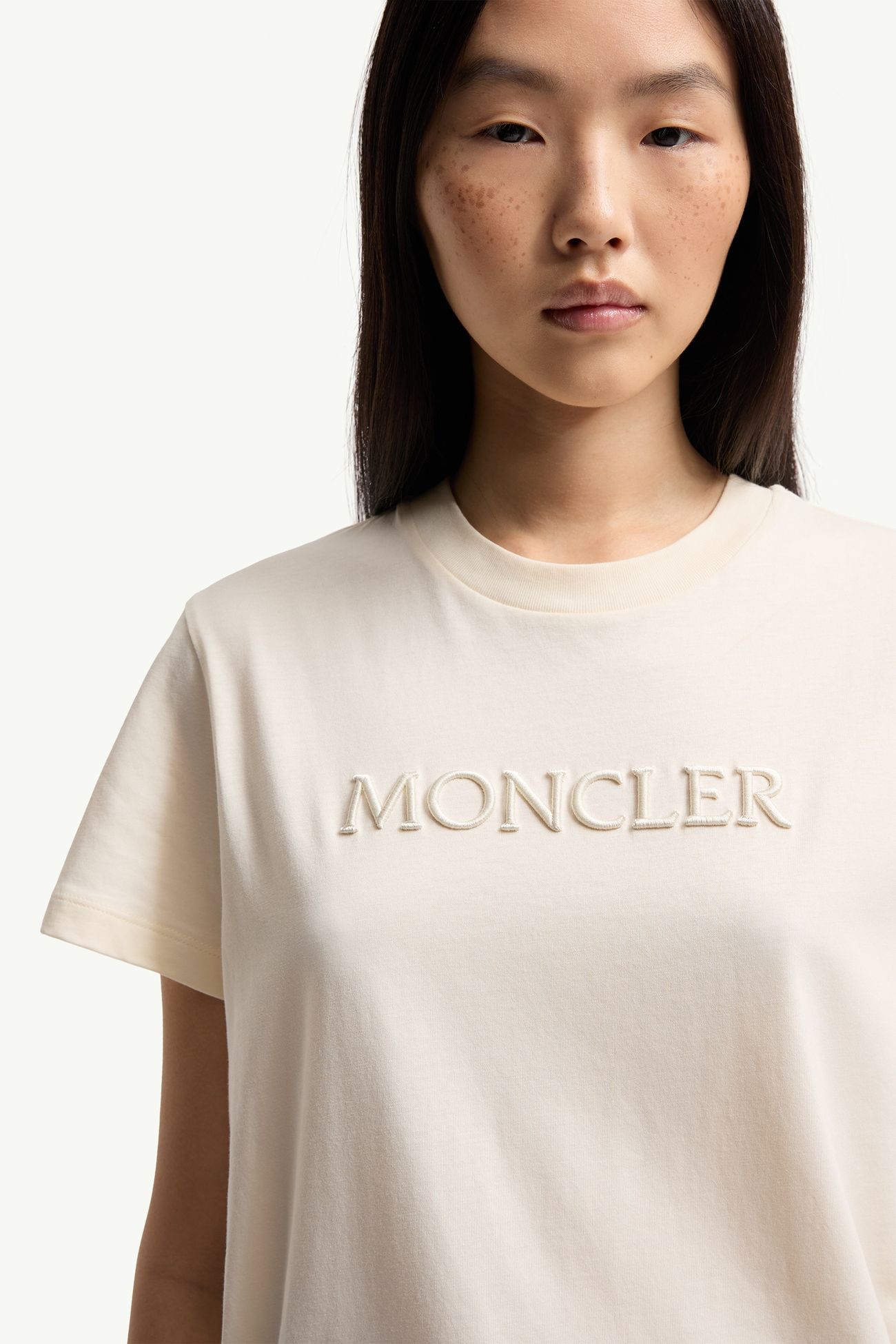 Embroidered Tonal Logo Cotton T-Shirt Women White Ivory Moncler 5