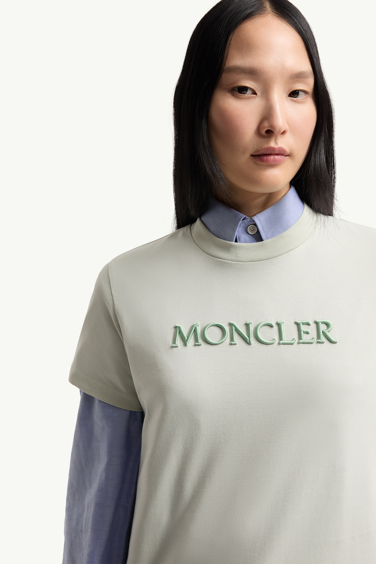 Embroidered Tonal Logo Cotton T-Shirt Women Light Green Moncler 5
