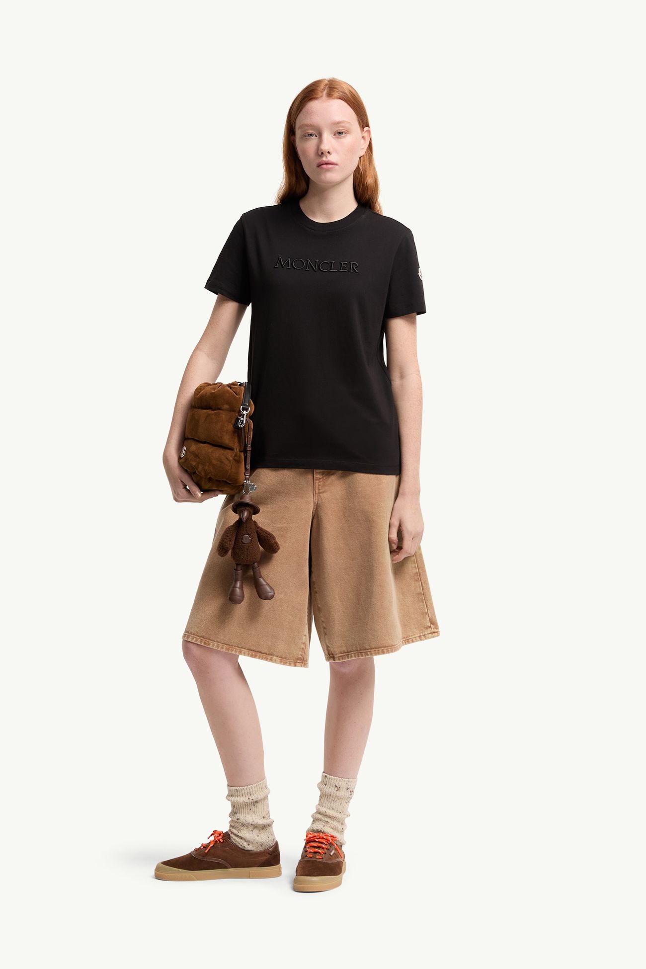 Camiseta de algodón con logotipo tonal bordado Mujer Negro Moncler 0