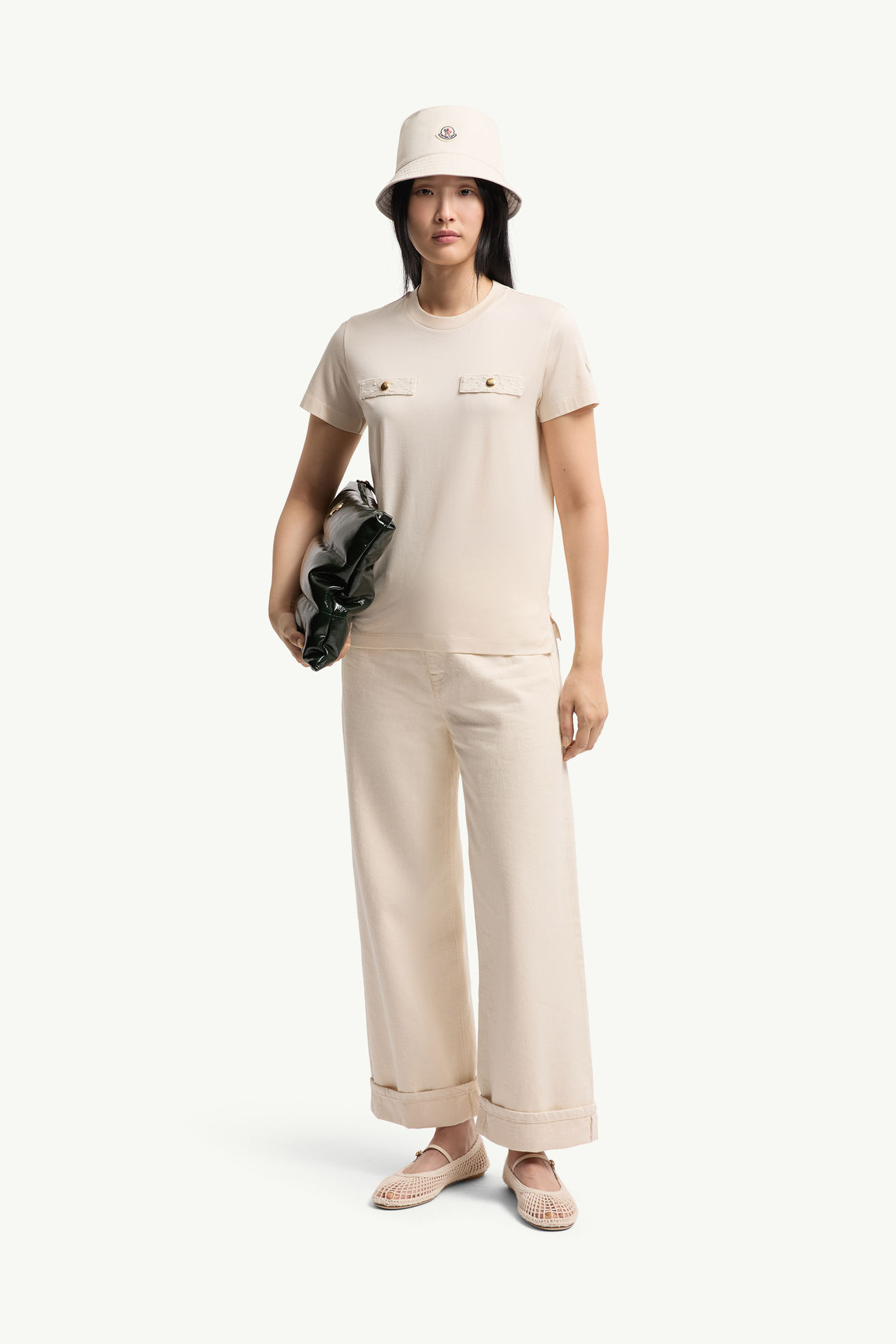 T-Shirt aus Baumwolle mit Scheintaschen Damen Weiß-Elfenbein Moncler 0