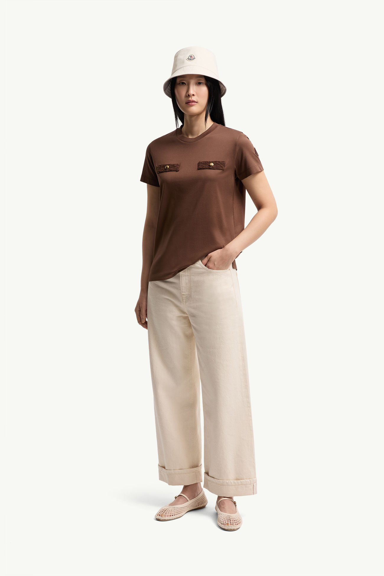 T-Shirt aus Baumwolle mit Scheintaschen Damen Braun Moncler 0