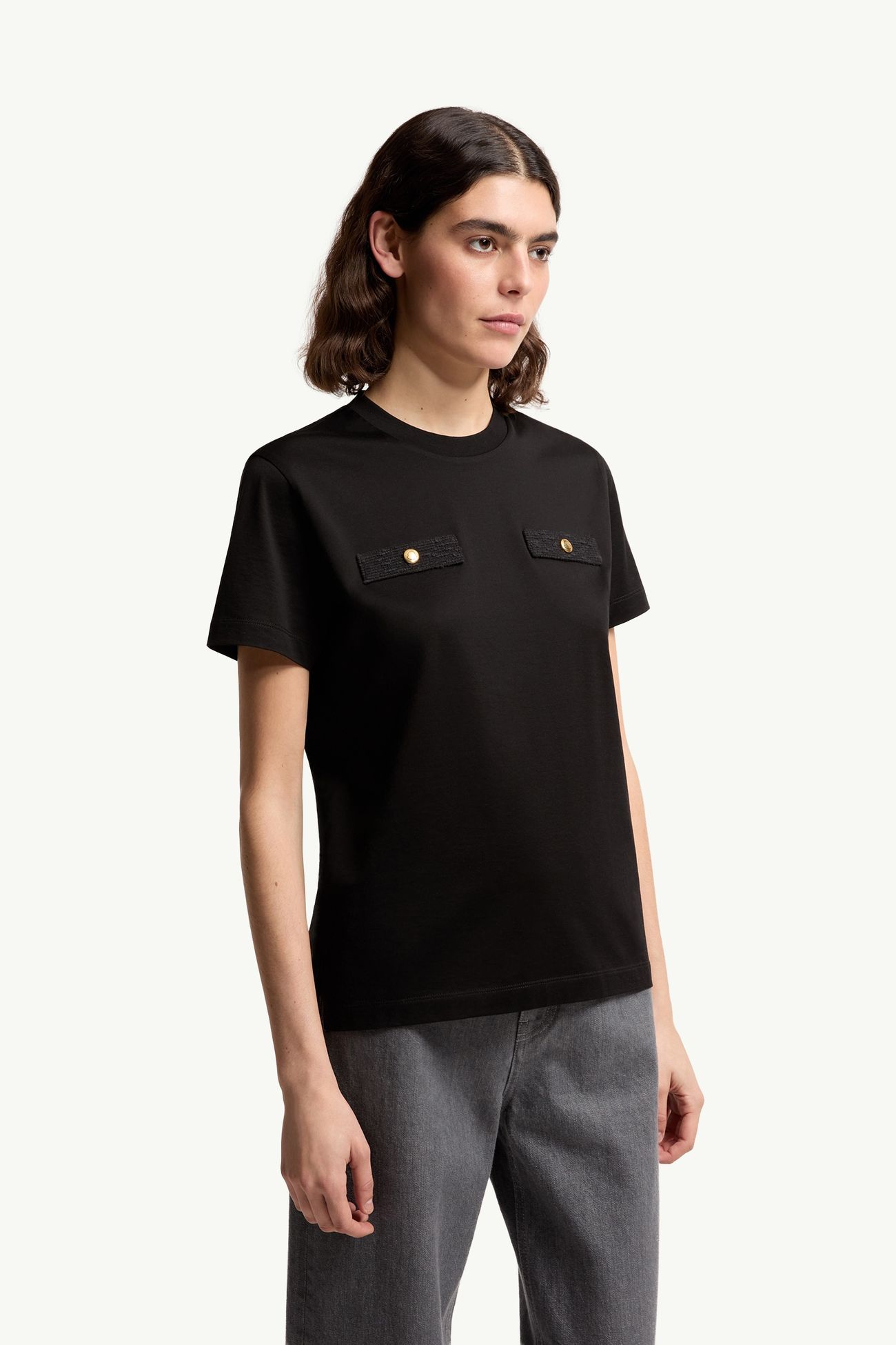 Camiseta de algodón con bolsillos falsos Mujer Negro Moncler 3