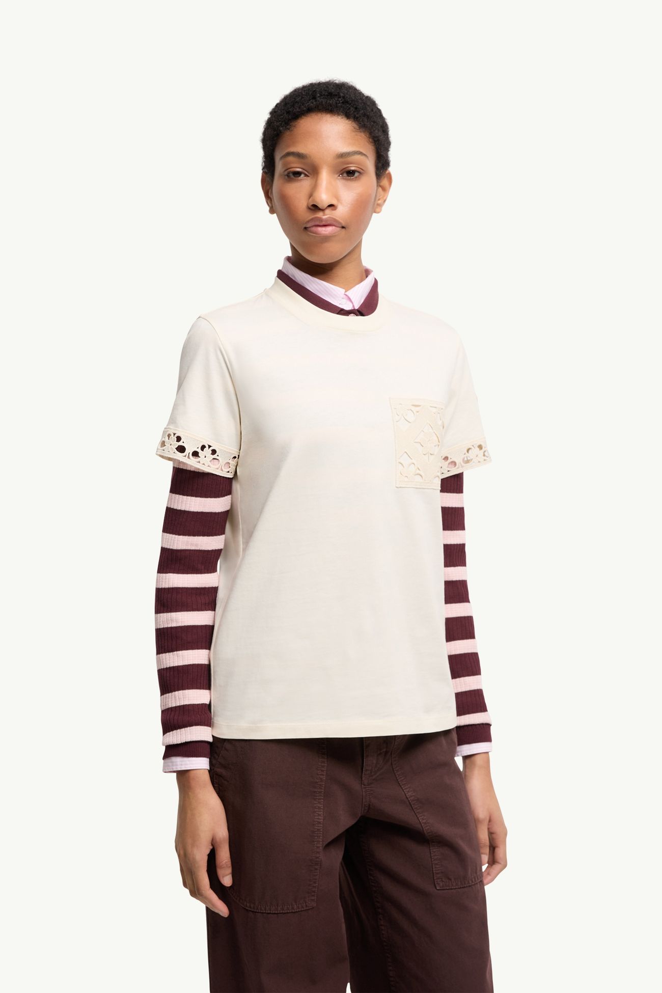 T-Shirt aus Baumwolle mit Makramee-Besatz Damen Weiß Moncler 3