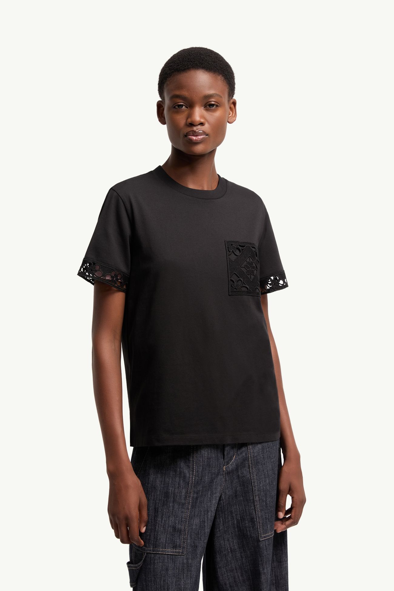 Camiseta de algodón con ribete de macramé Mujer Negro Moncler 3