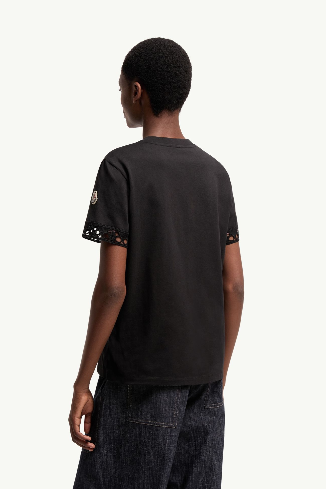 T-Shirt aus Baumwolle mit Makramee-Besatz Damen Schwarz Moncler 4