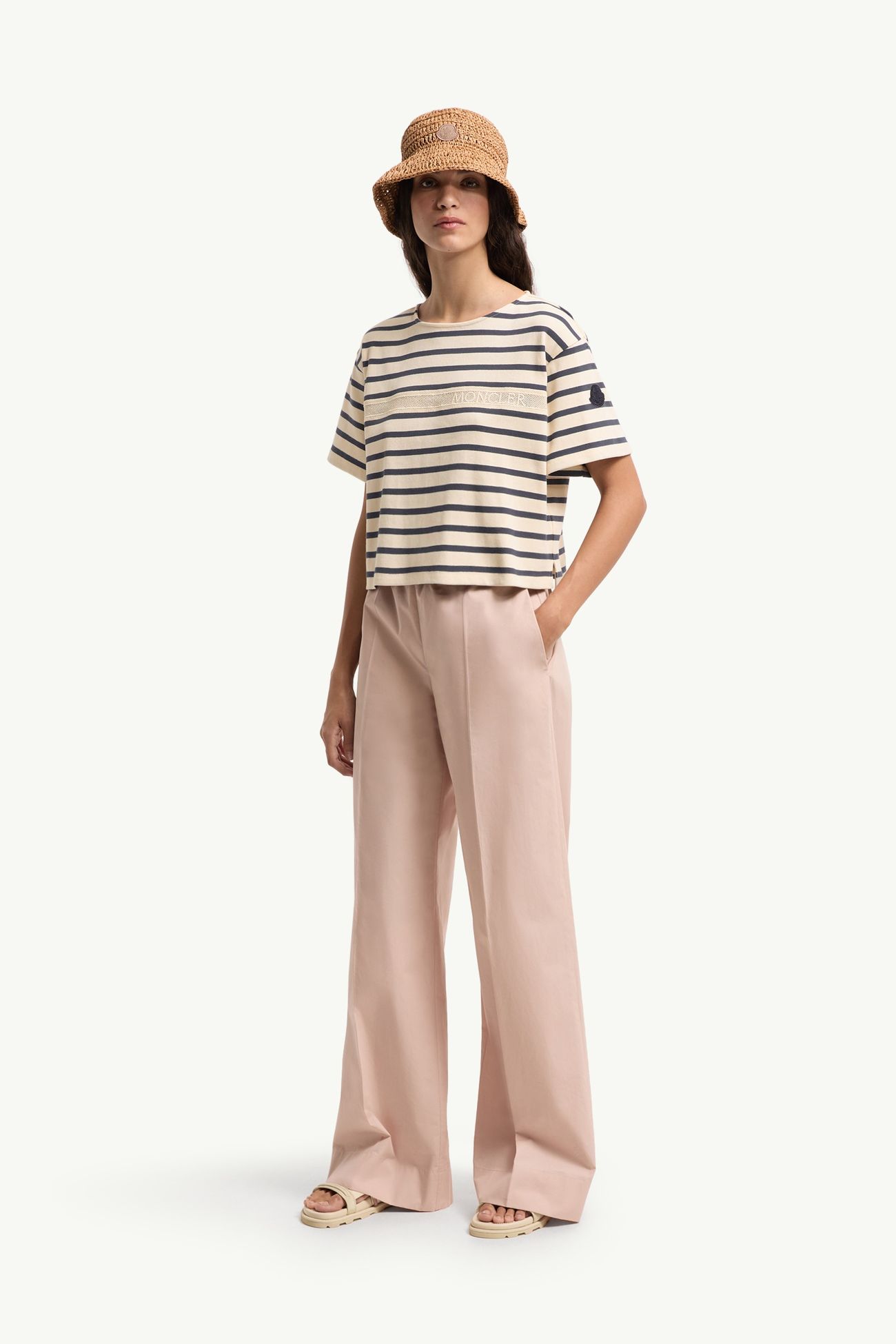 T-shirt in cotone a righe con bordo macramè Donna Bianco & Blu Moncler 0