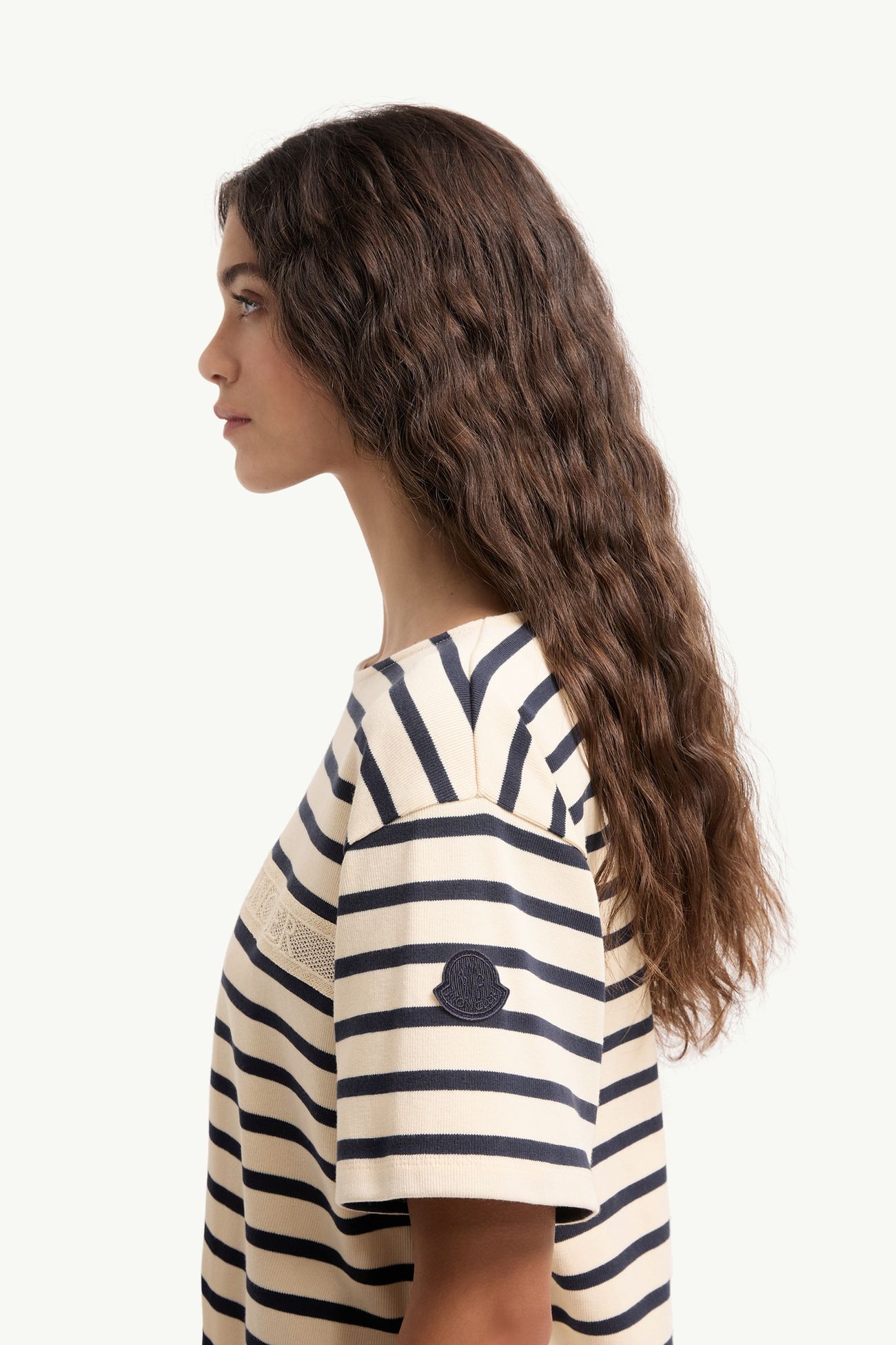 Gestreiftes T-Shirt aus Baumwolle mit Makramee-Besatz Damen Weiss & Blau Moncler 1