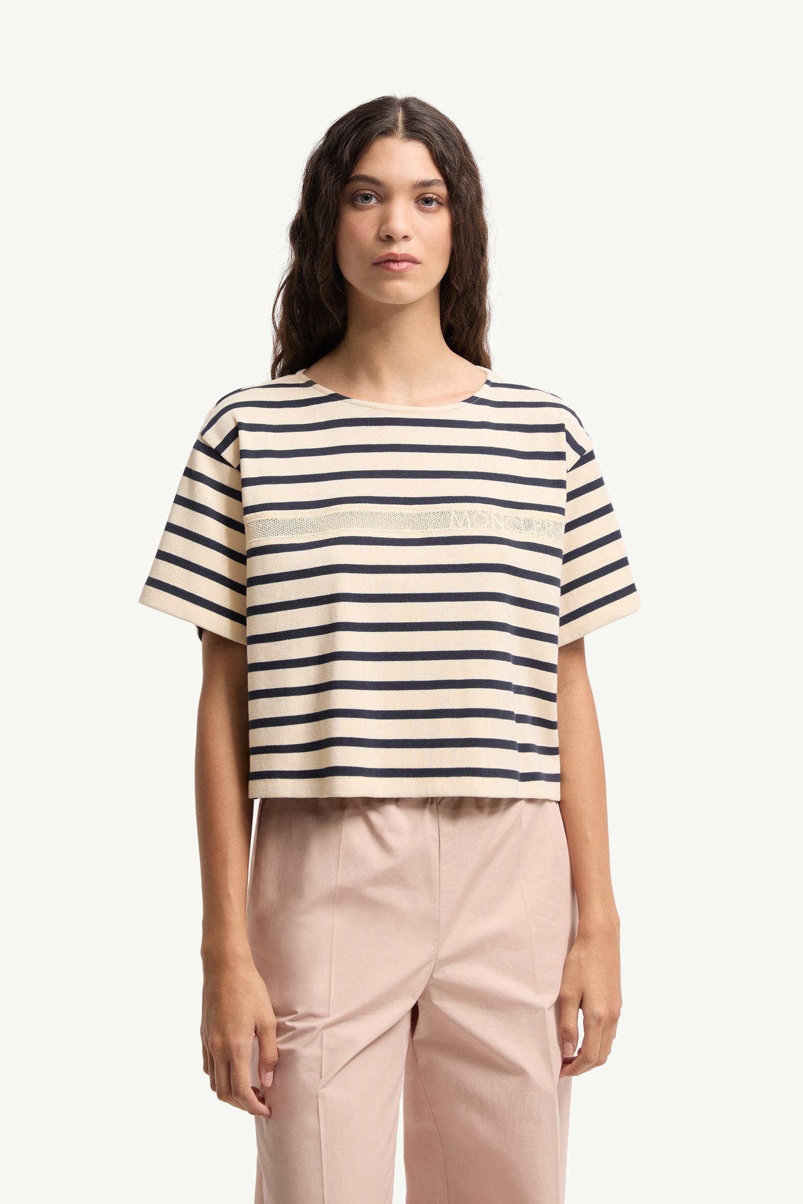 White & Blue Macramé-Trimmed Striped Cotton T-Shirt - Tops & T