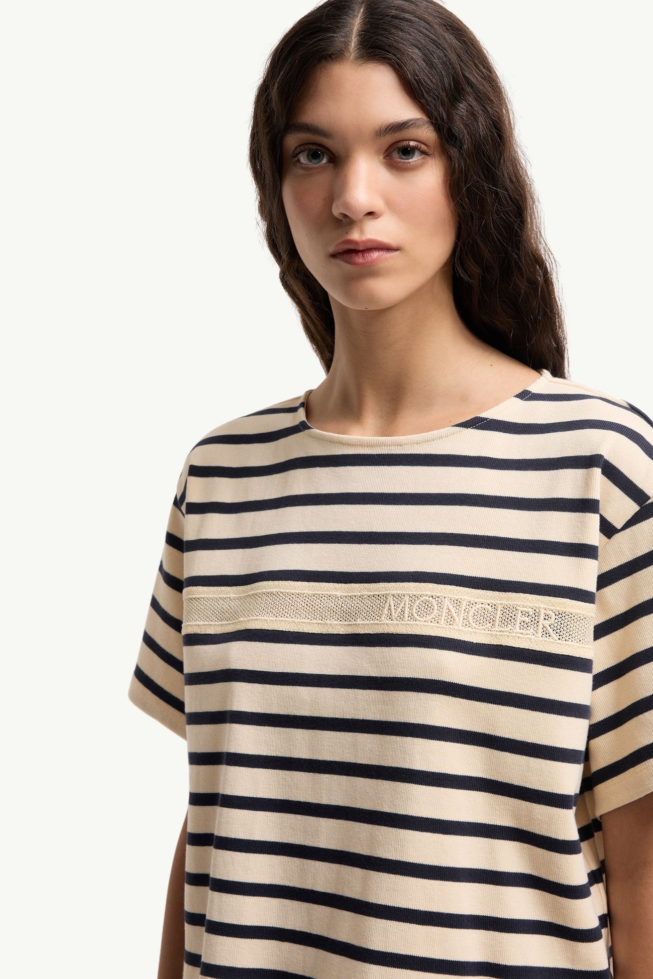 T-shirt en coton rayé à bordure en macramé Femmes Blanc & Bleu Moncler 5