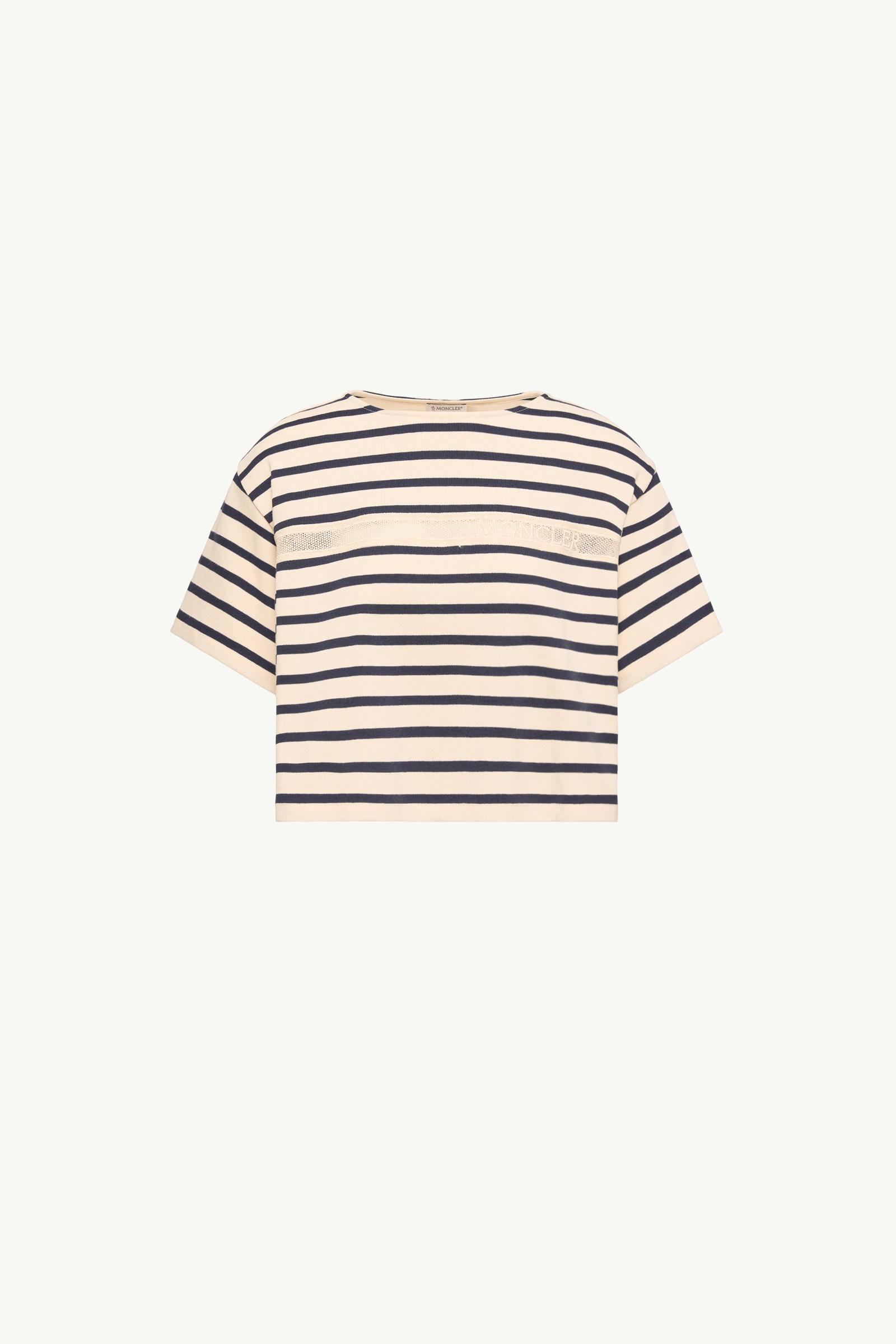 Macramé-Trimmed Striped Cotton T-Shirt Women White & Blue Moncler, 1 of 0