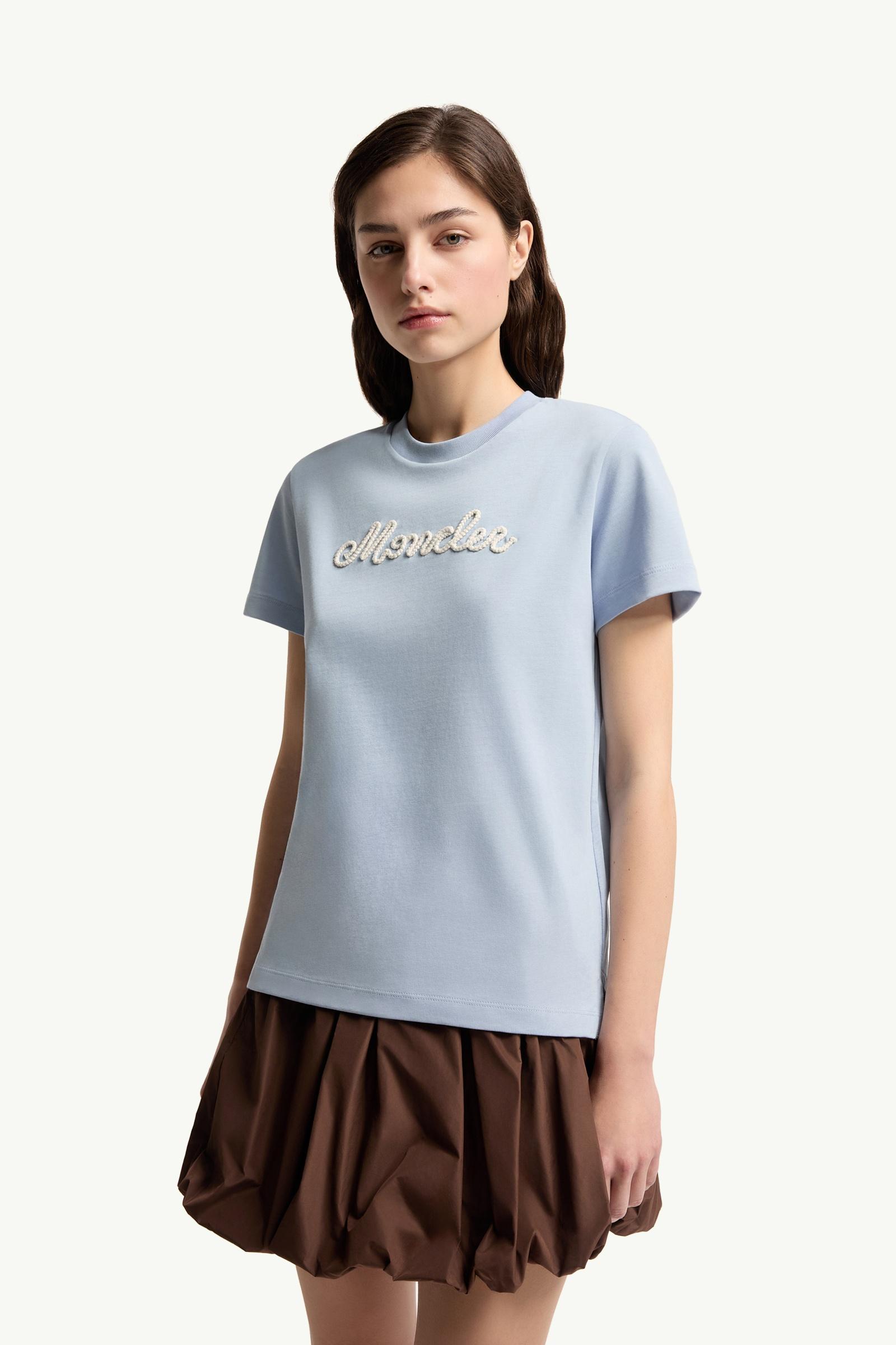 Light Blue Logo Embroidery Cotton T-Shirt - Tops & T-shirts for