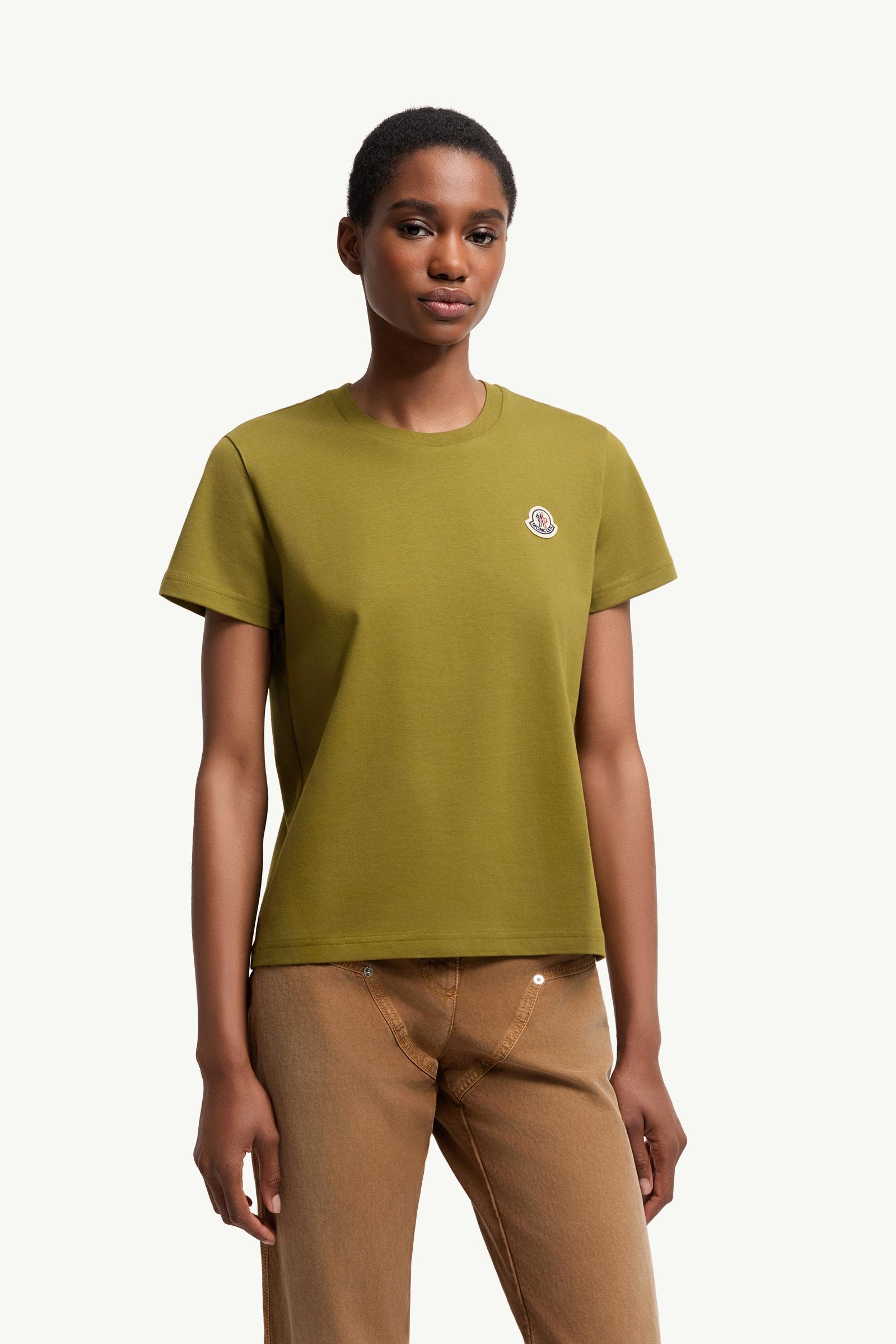 MONCLER Tシャツ カーキ ロゴワッペン White & Olive Green & Pink Logo Patch Cotton T-Shirt (Pack of