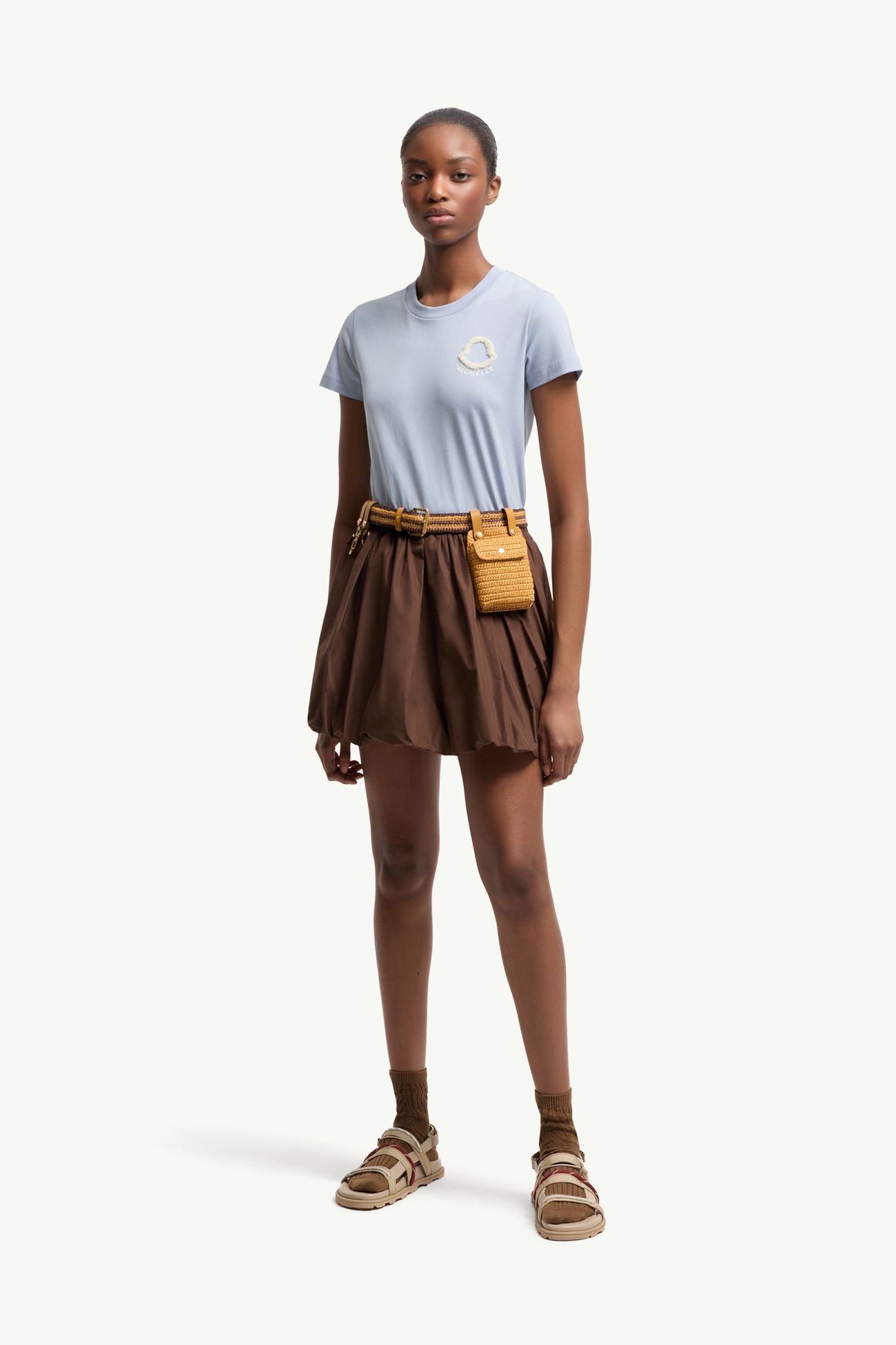 Camiseta de algodón con logotipo bordado Mujer Azul claro Moncler 0