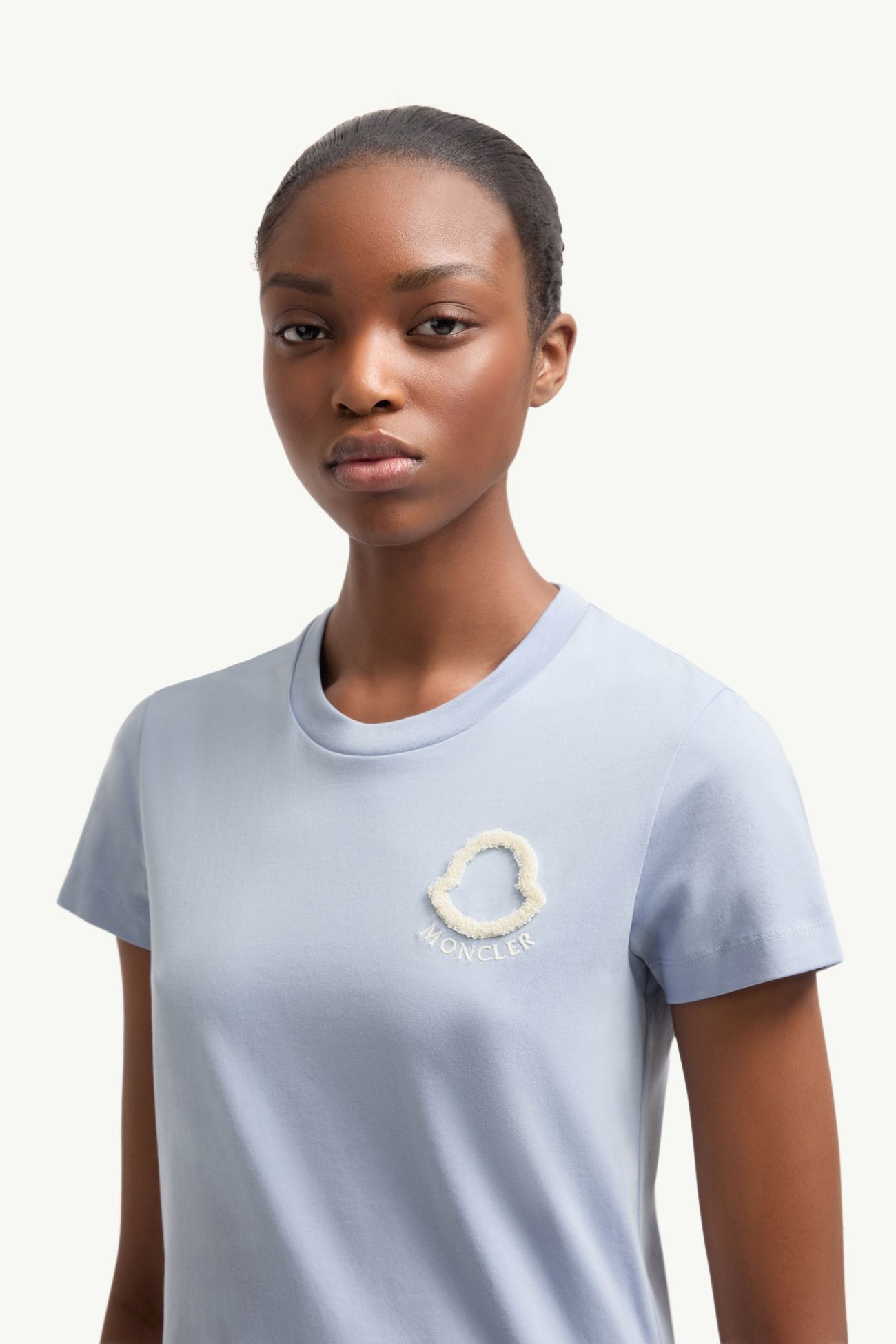 T-Shirt aus Baumwolle mit gesticktem Logo Damen Hellblau Moncler 1