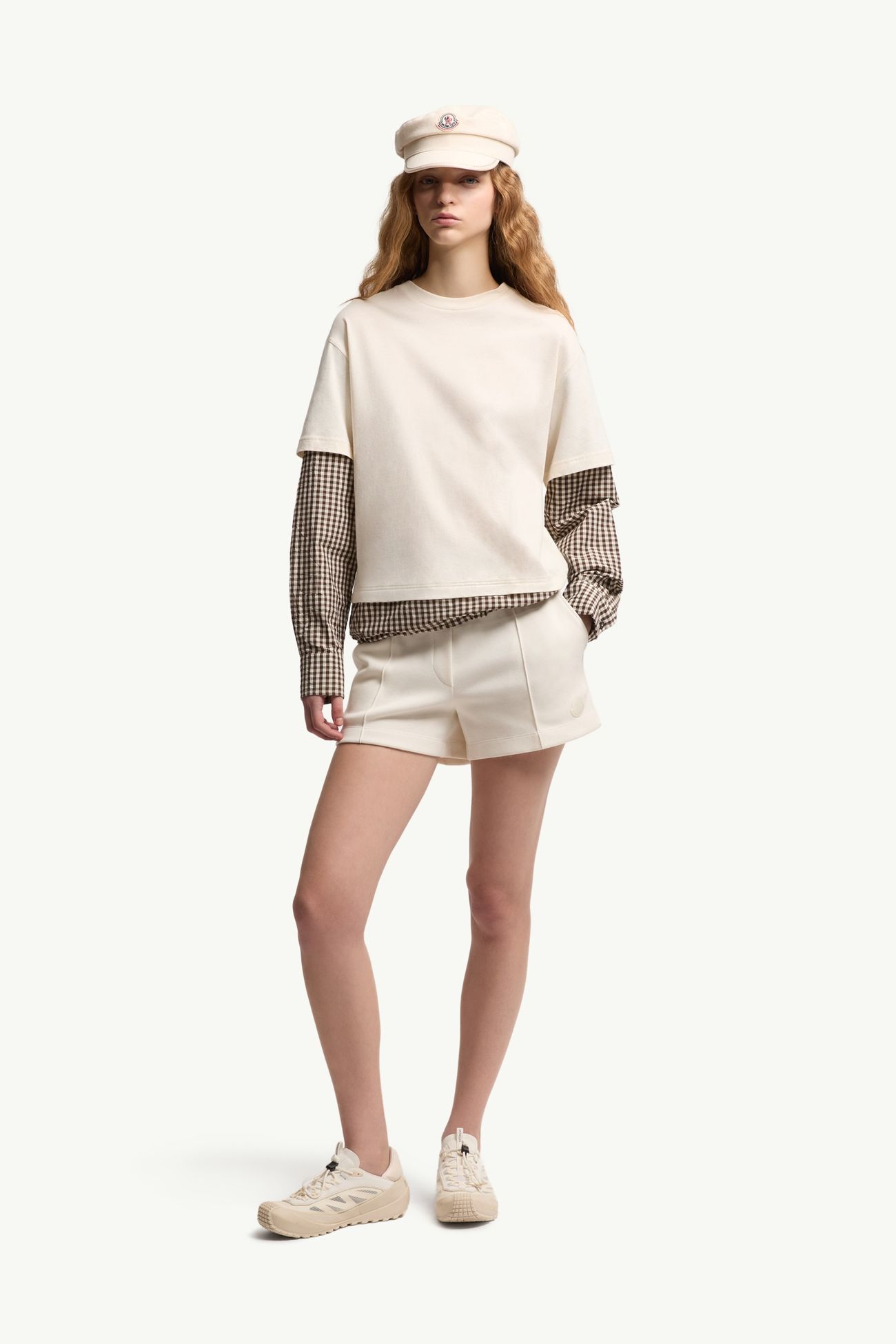 T-shirt in misto cotone vichy effetto stratificato Donna Beige Chiaro Moncler 0