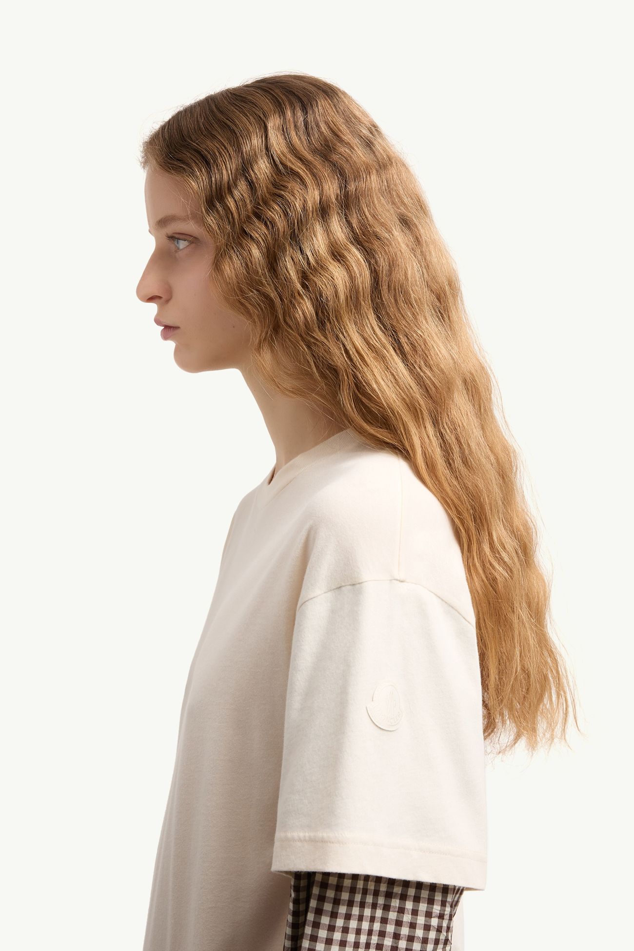 T-Shirt aus Baumwollmischung mit Vichy-Karomuster und Lagen-Effekt Damen Hellbeige Moncler 1