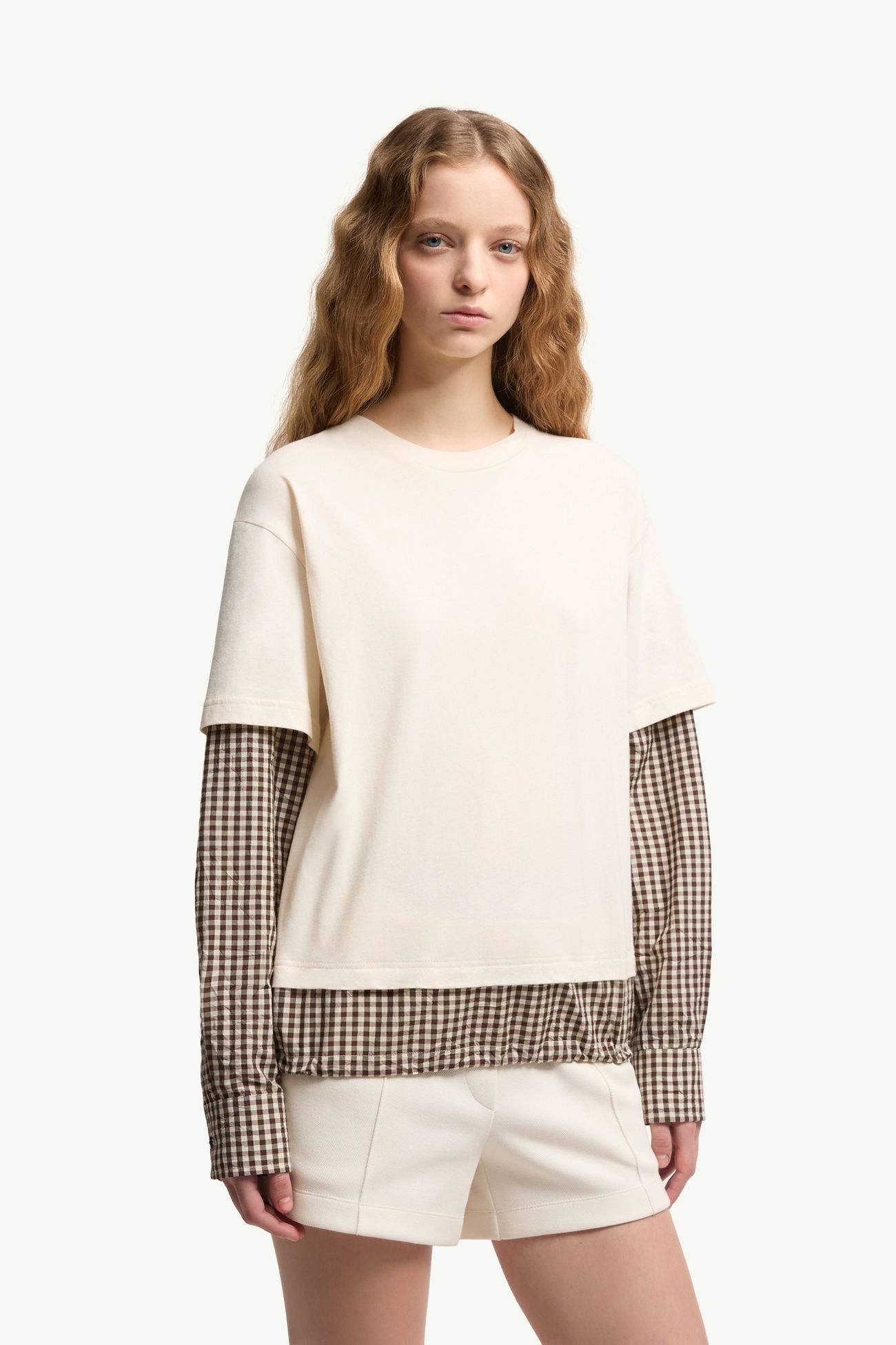 Camisa de mezcla de algodón con motivo vichy efecto capas Mujer Beige Claro Moncler 3