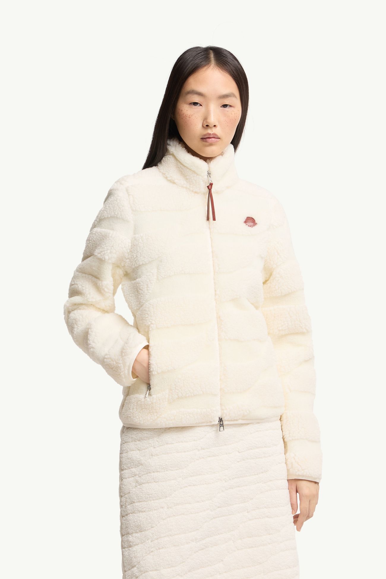 Gepolsterte Strickjacke aus Teddy-Jacquard mit Reißverschluss Damen Weiß-Elfenbein Moncler 3