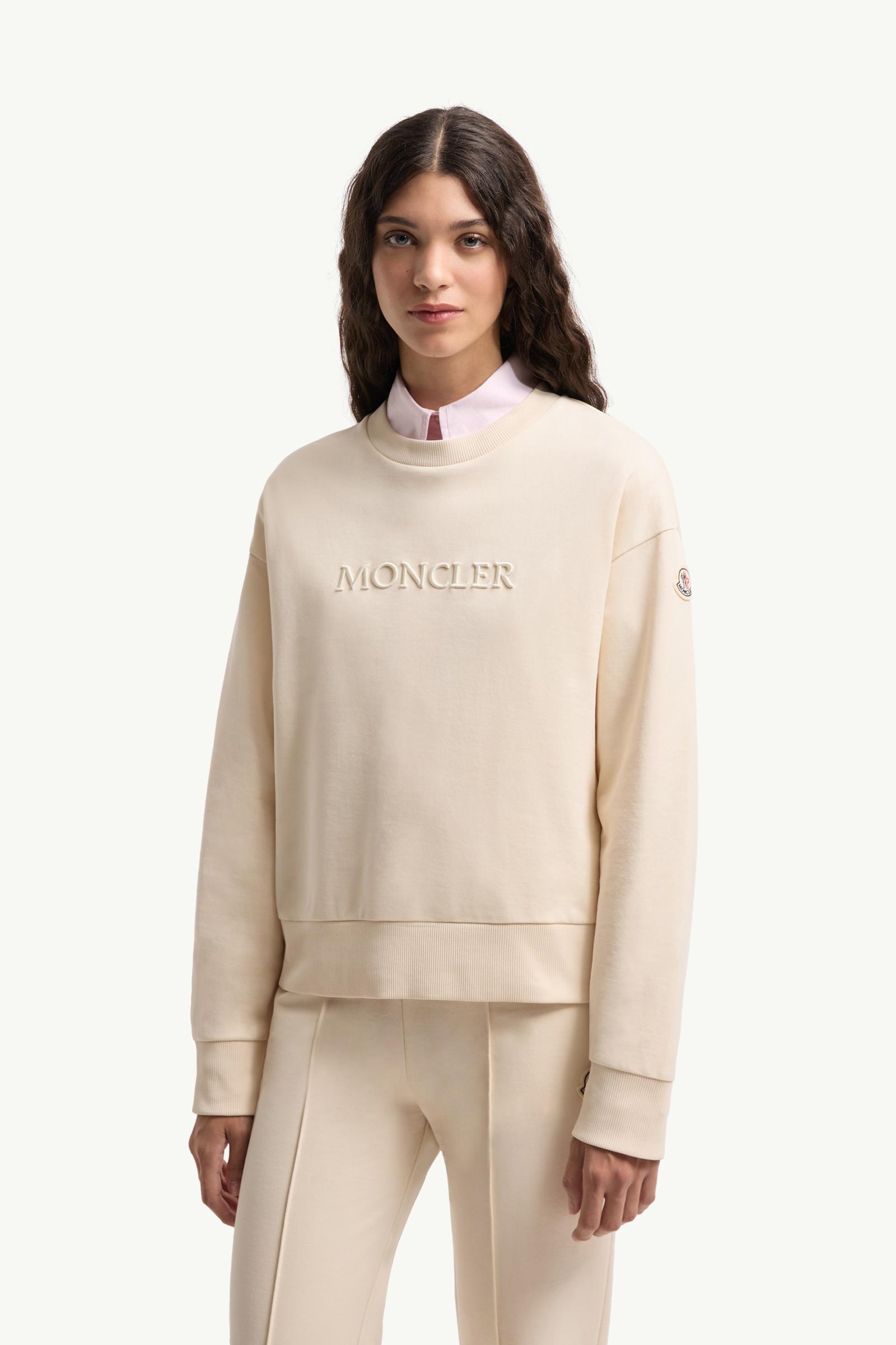 MONCLER クリーム トレーナー White Ivory Embroidered Logo Cotton Sweatshirt - Sweatshirts for
