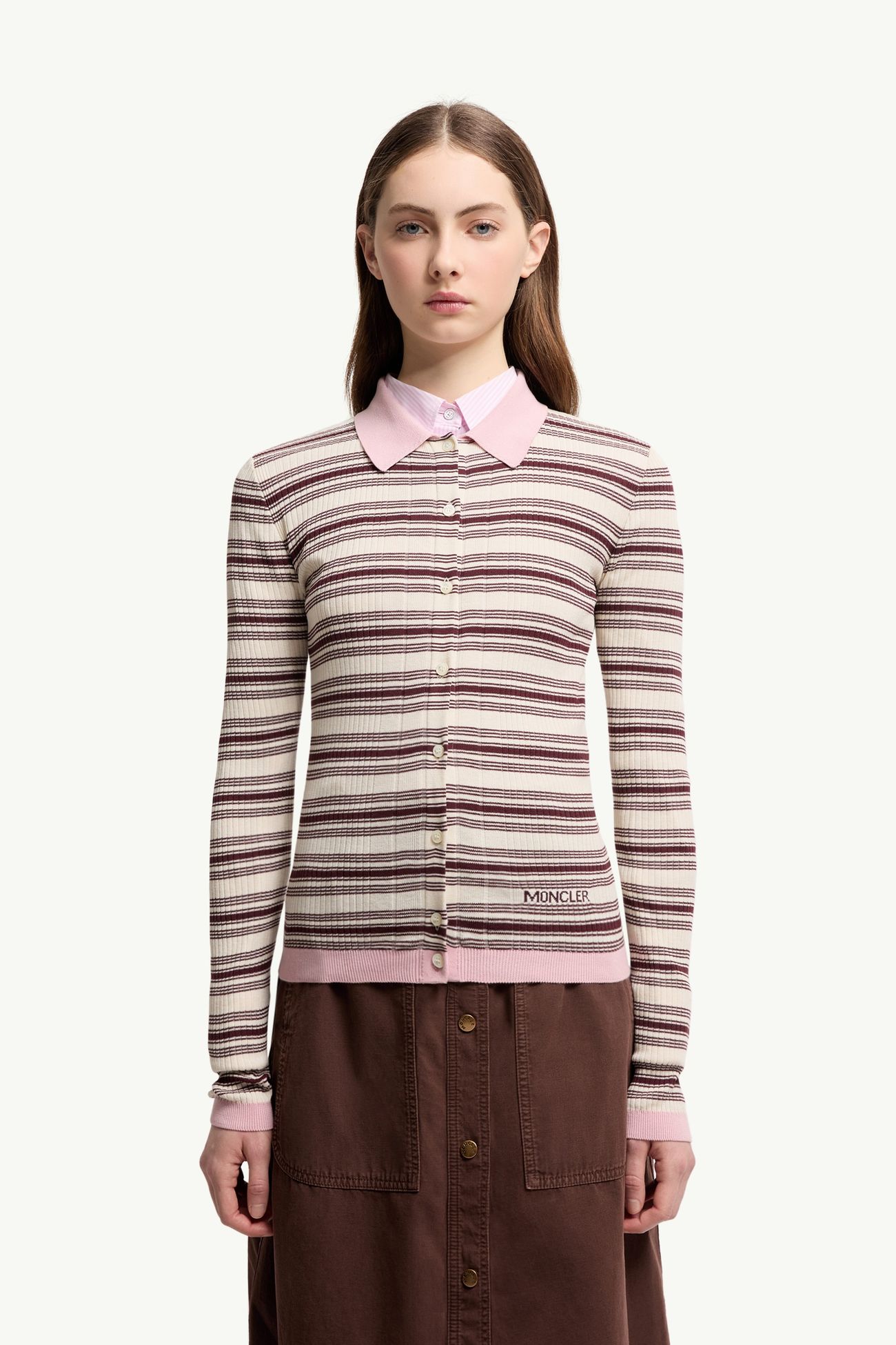 Cotton Crêpe Polo Shirt Women White & Brown Moncler 3