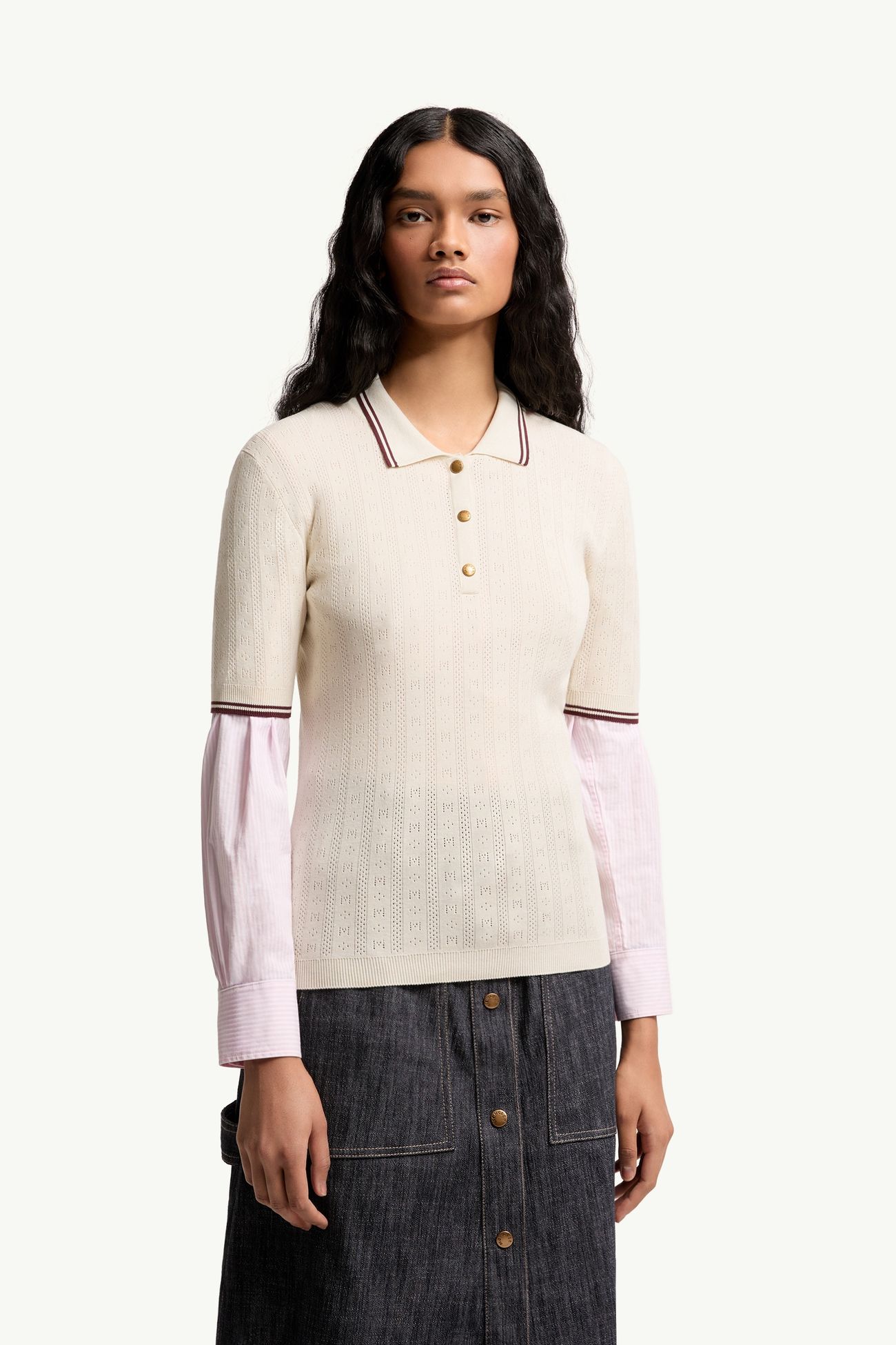 Rhombus & Logo Pattern Cotton Polo Shirt Women White Ivory Moncler 3