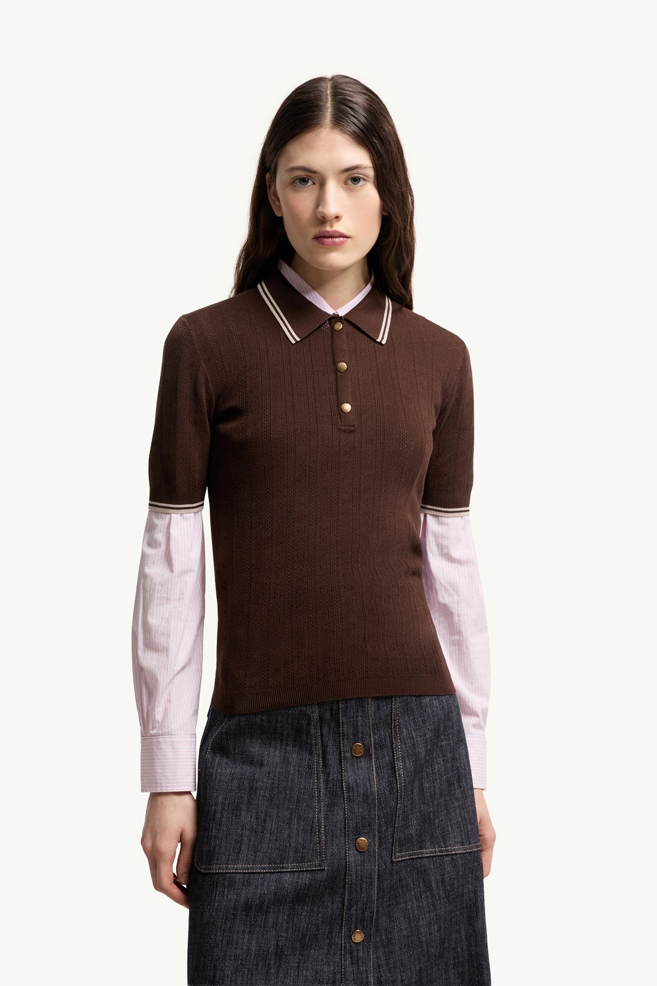 Rhombus & Logo Pattern Cotton Polo Shirt Women Brown Moncler 3