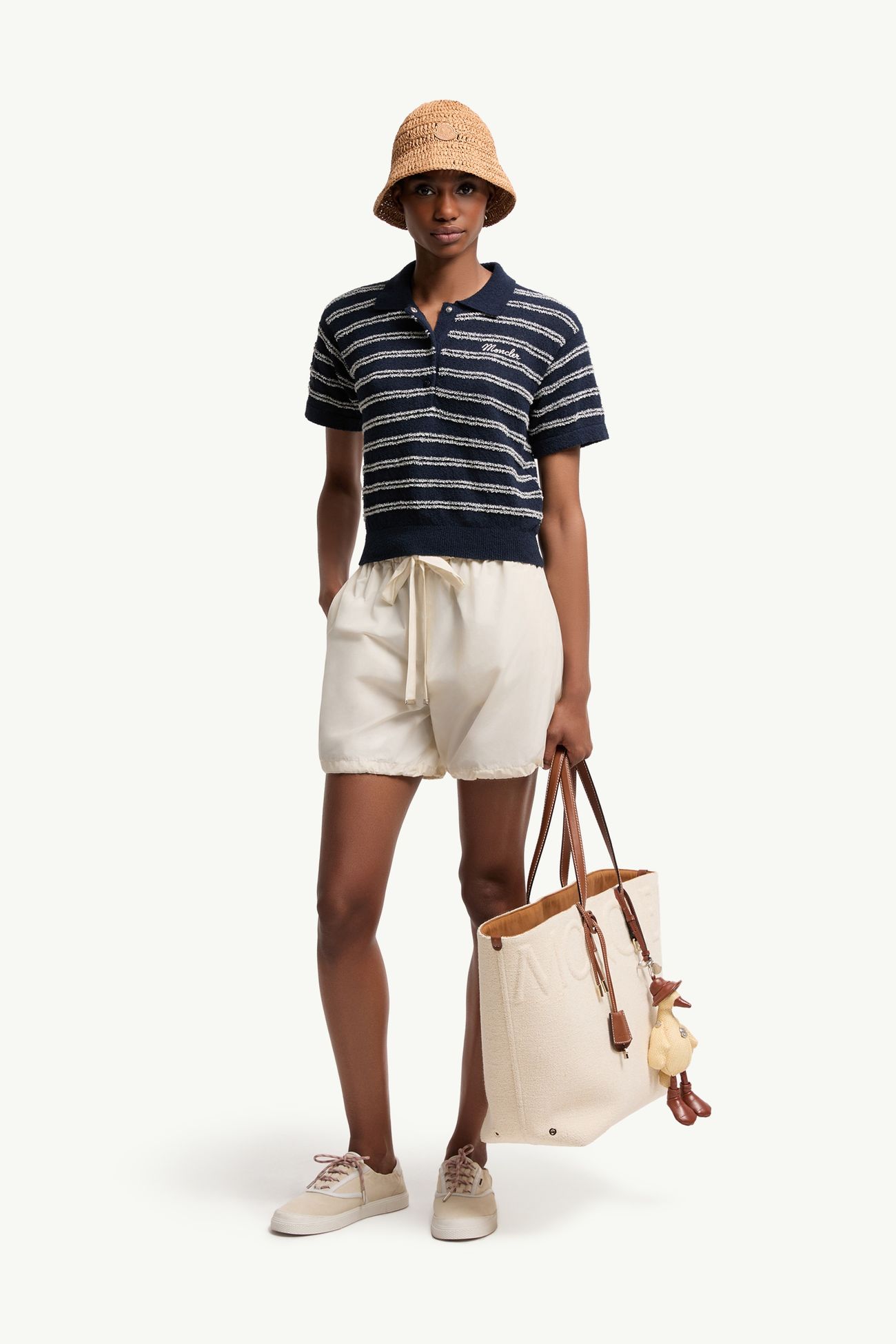 Polo in Crêpe Bouclé di Misto Cotone Donna Blu Navy Moncler 0