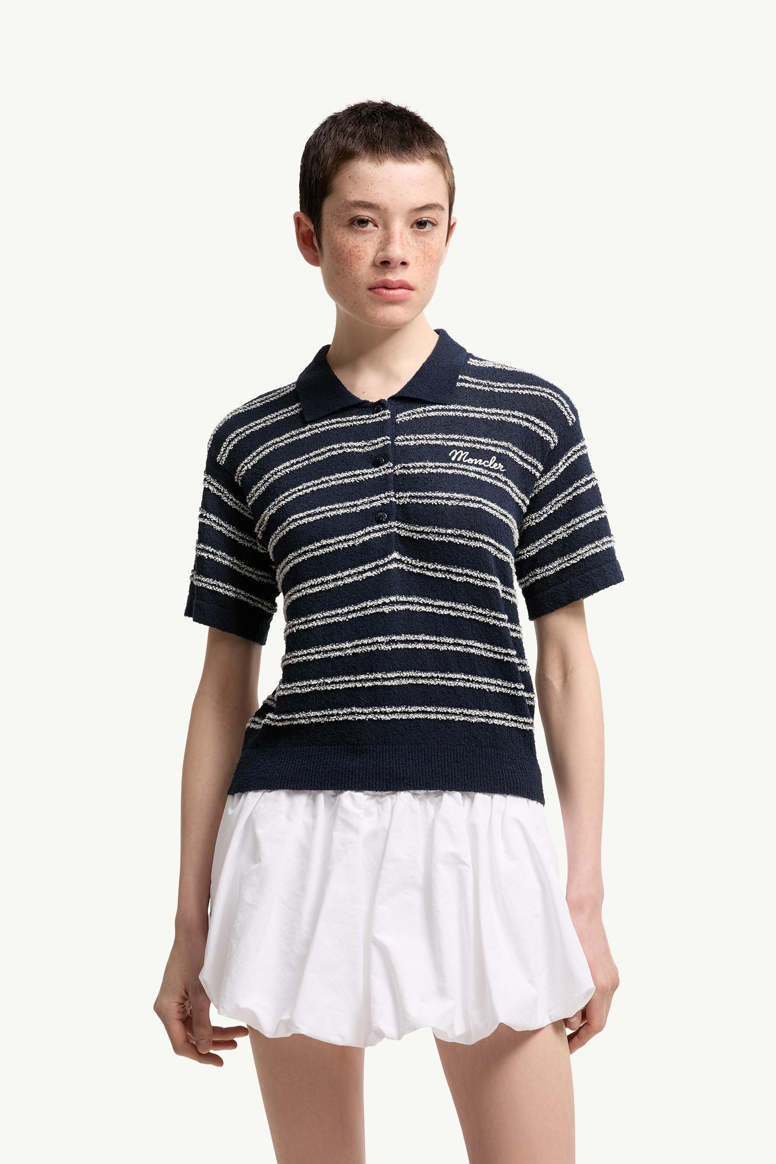 Navy Blue Cotton Blend Bouclé Crêpe Polo Shirt - Tops & T-shirts