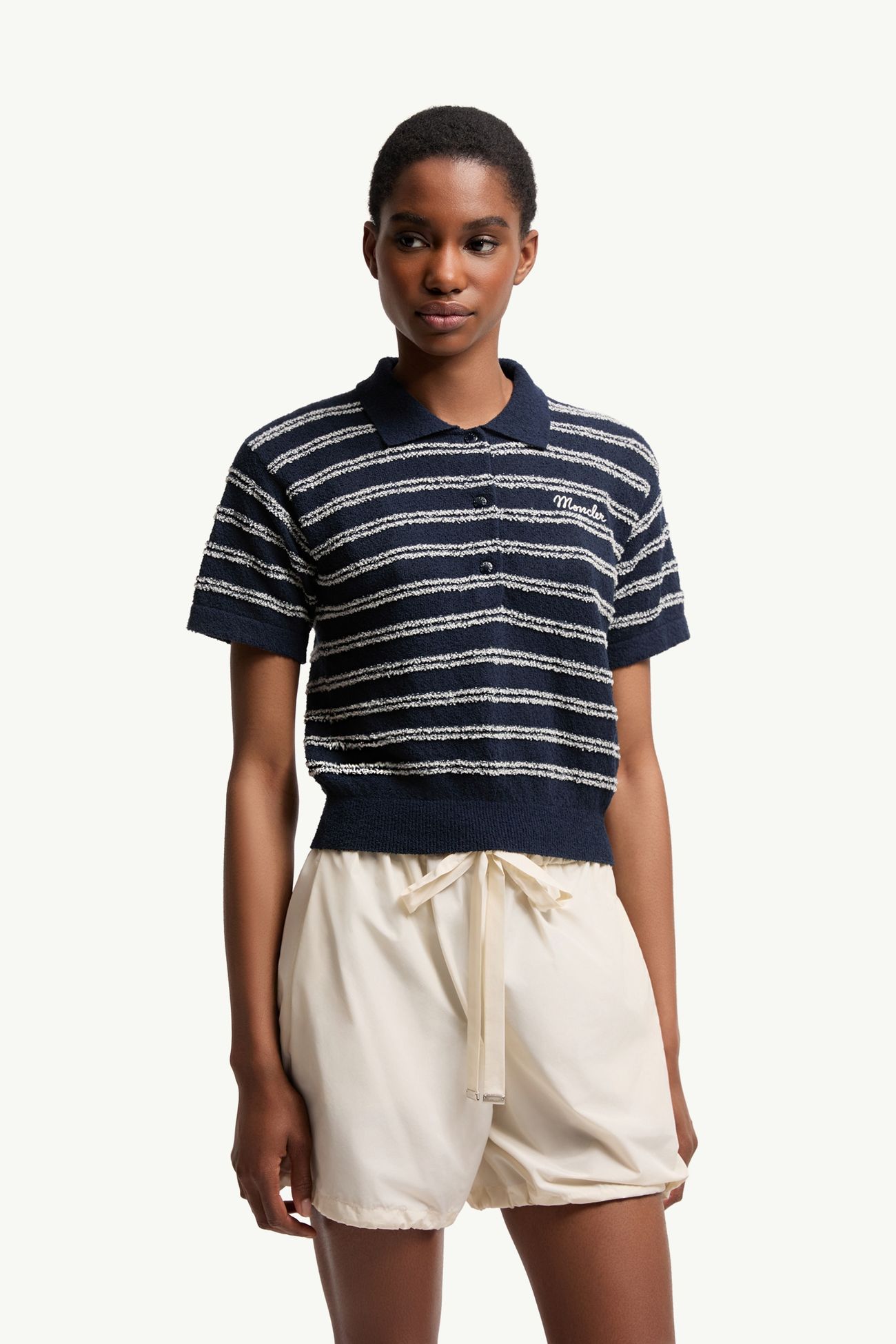 Polo in Crêpe Bouclé di Misto Cotone Donna Blu Navy Moncler 3