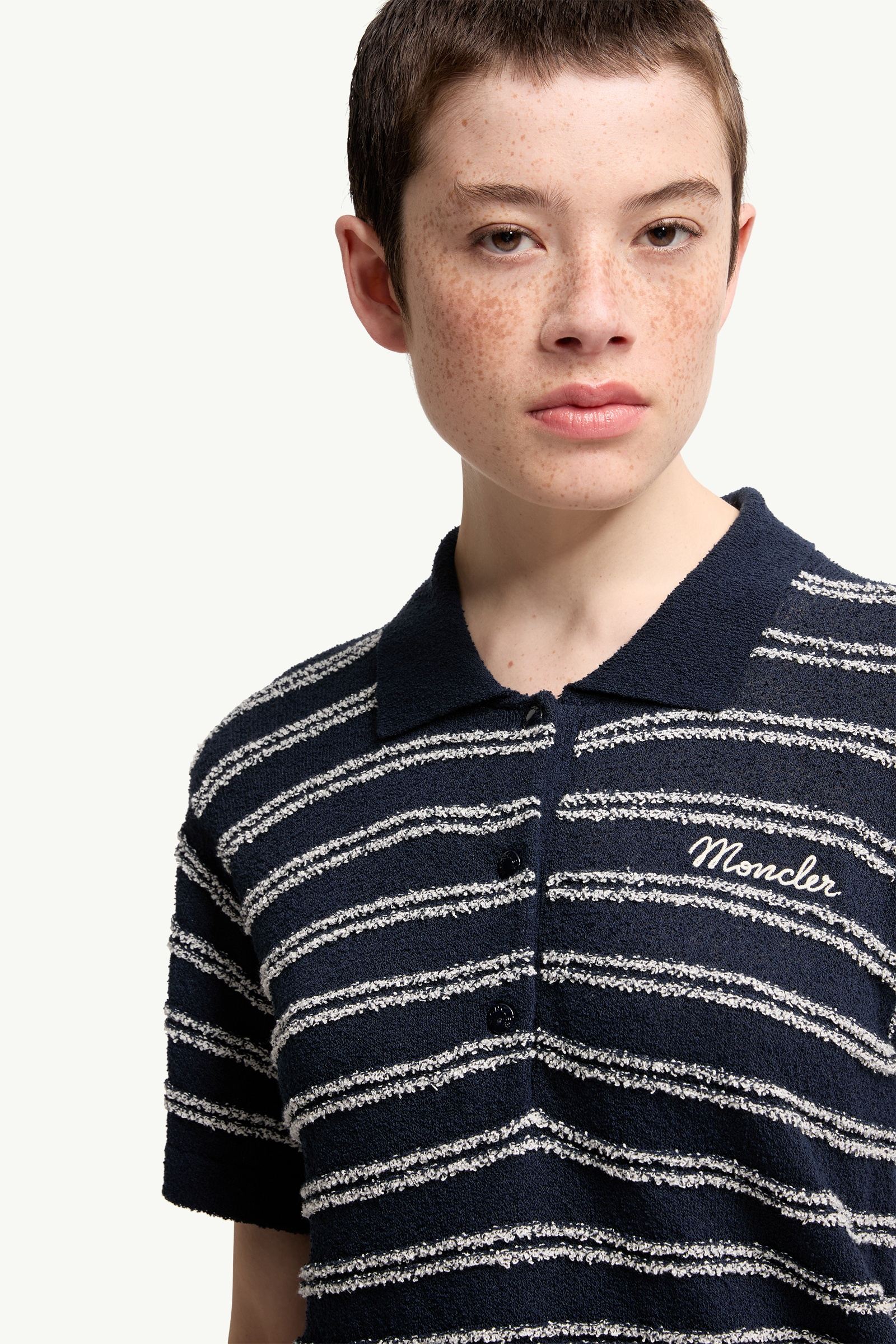 Navy Blue Cotton Blend Bouclé Crêpe Polo Shirt - Tops & T-shirts