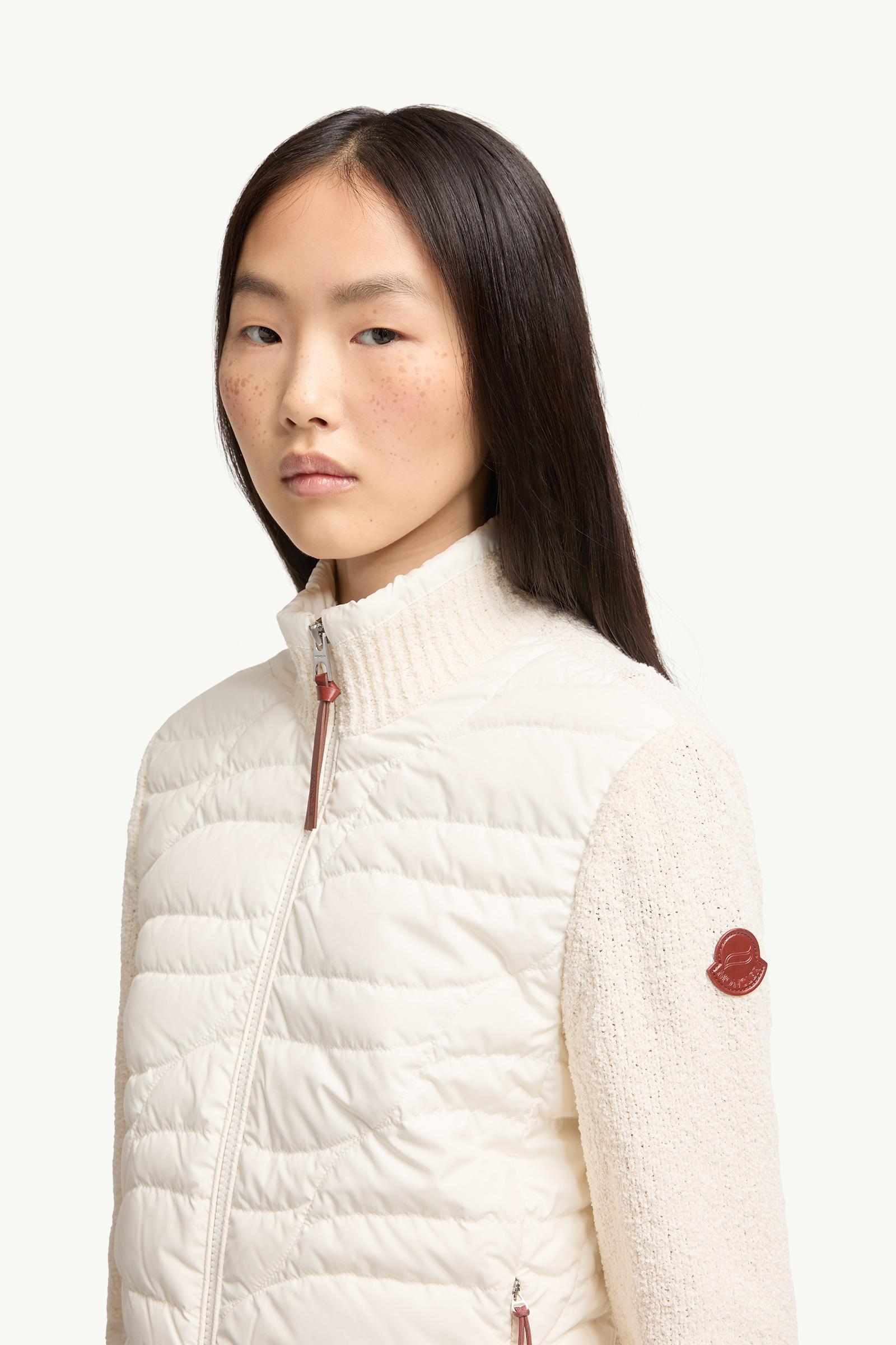 White Ivory Cotton Blend Padded Zip-Up Cardigan - Sweaters