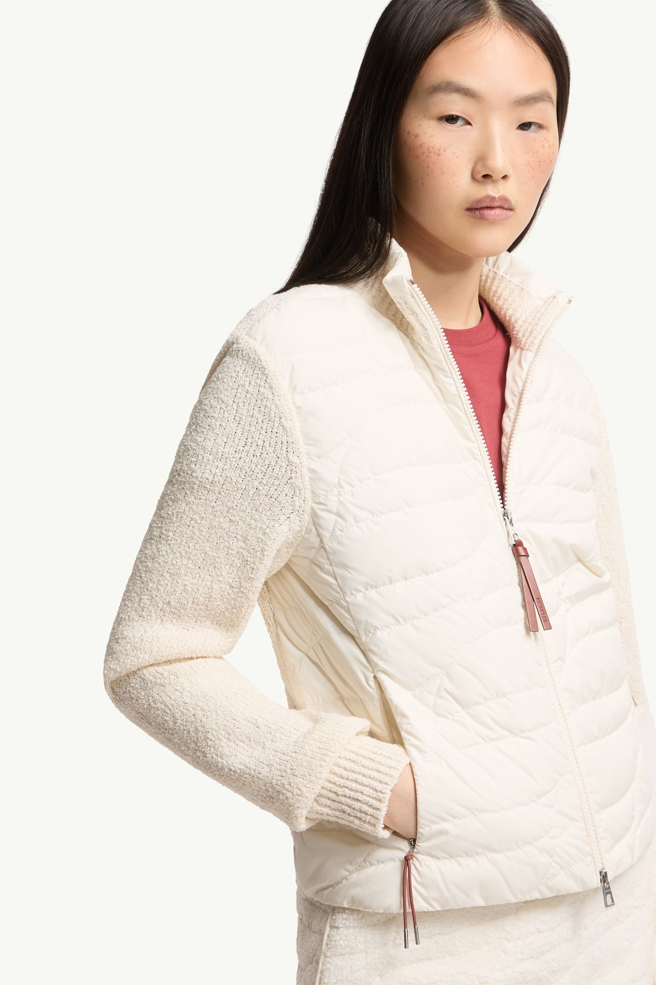 Cardigan matelassé zippé en coton mélangé Femmes Blanc Ivoire Moncler 5